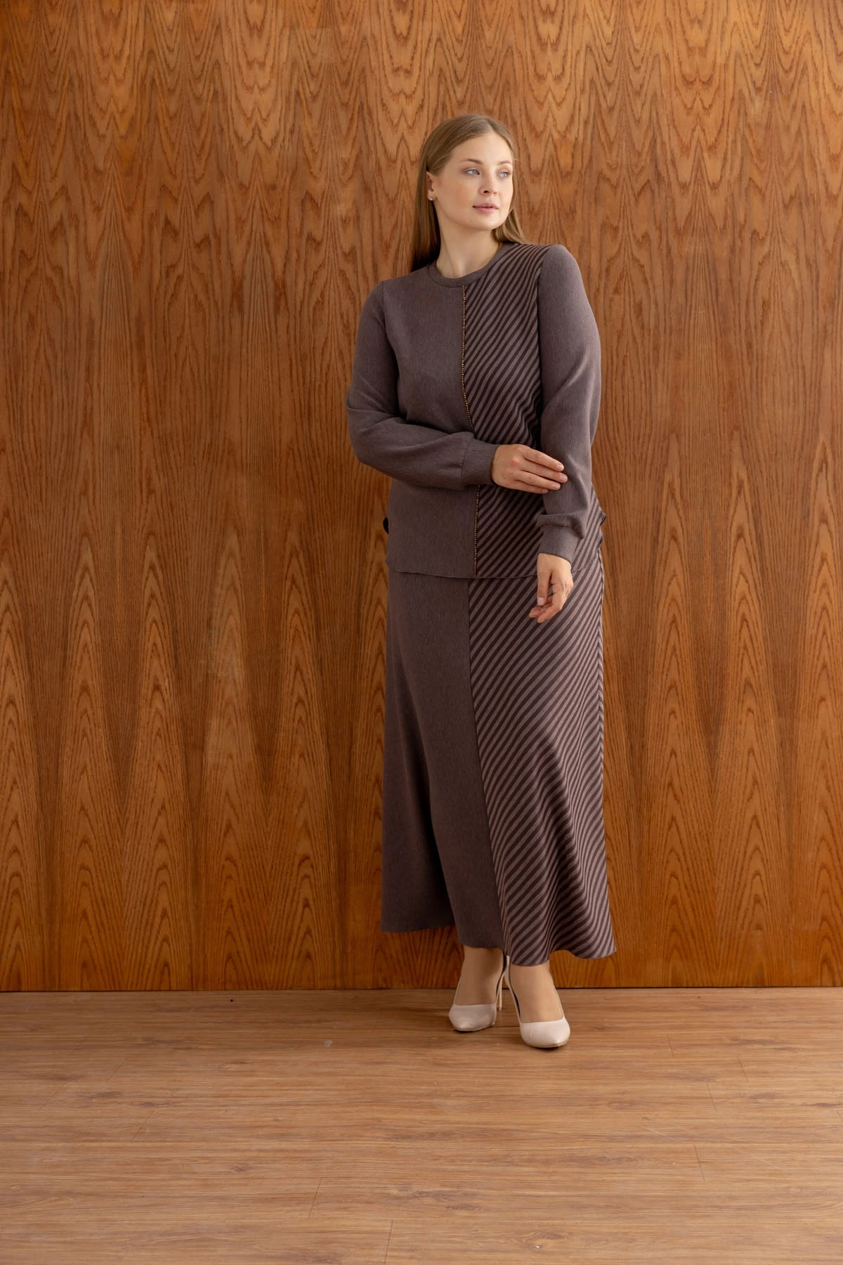 ÇİZGİLİ BAMBU MODAL TUNİK ETEK TAKIM - Kahverengi