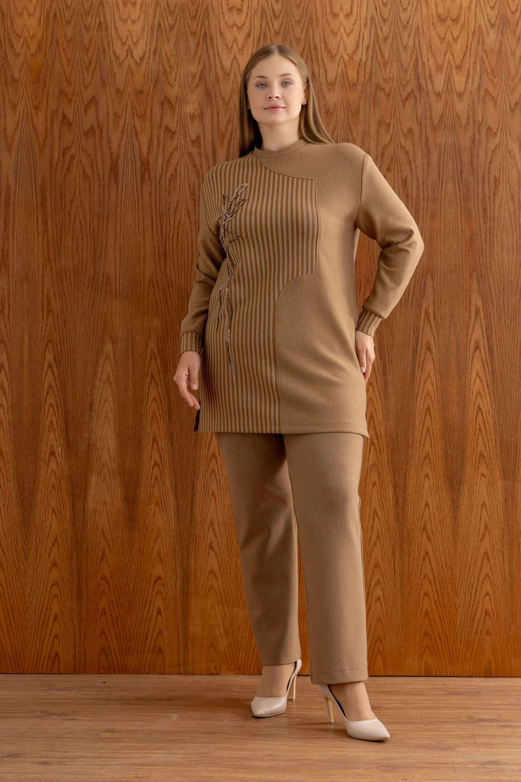 ÇİZGİLİ BAMBU MODAL TUNİK PANTOLON TAKIM - Camel