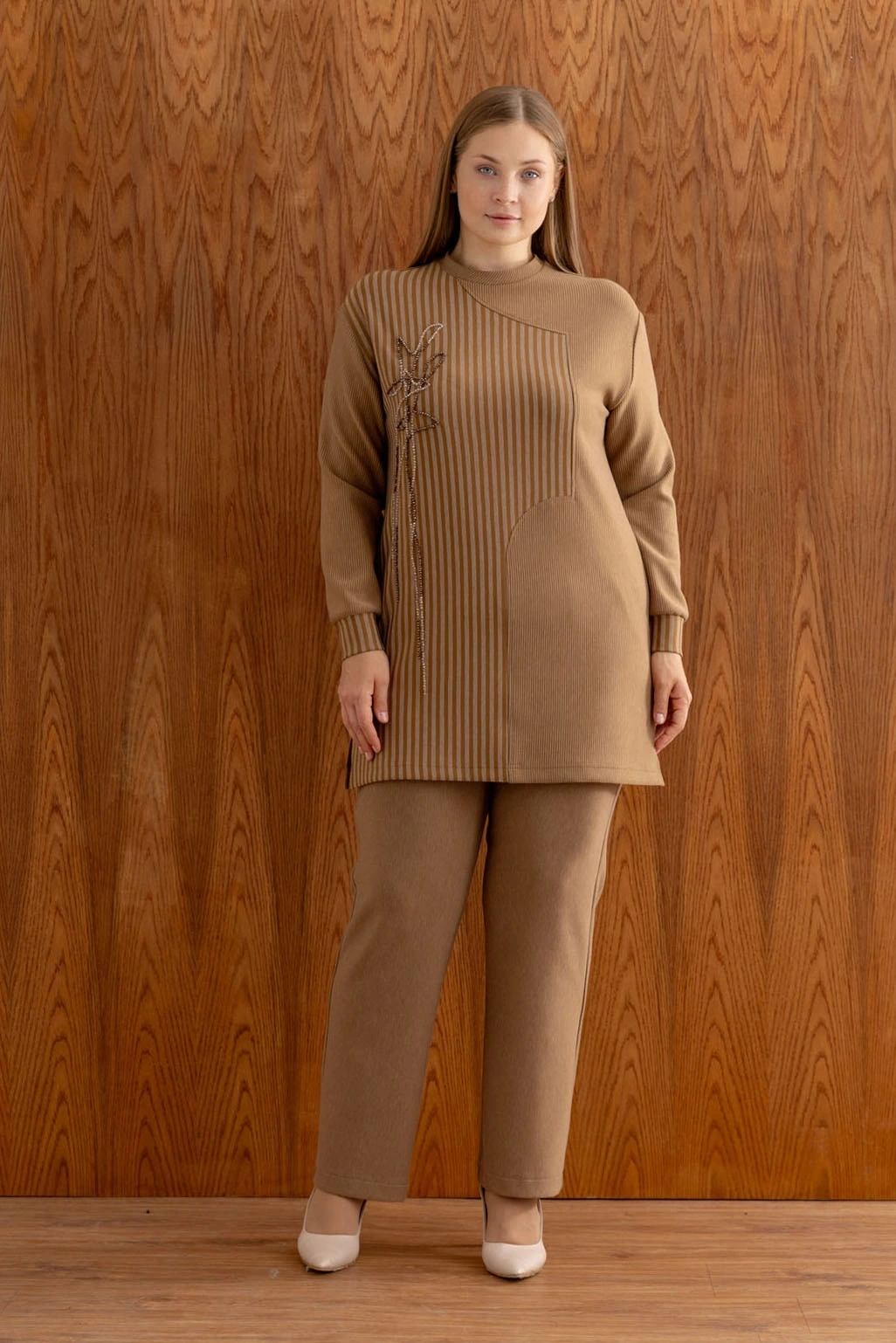 ÇİZGİLİ BAMBU MODAL TUNİK PANTOLON TAKIM - Camel