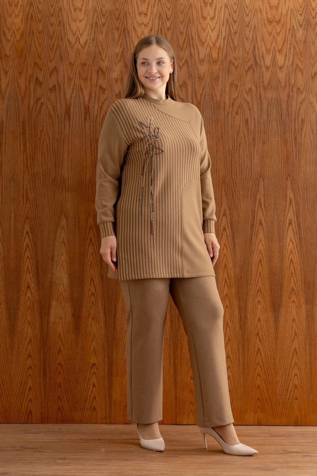 ÇİZGİLİ BAMBU MODAL TUNİK PANTOLON TAKIM - Camel