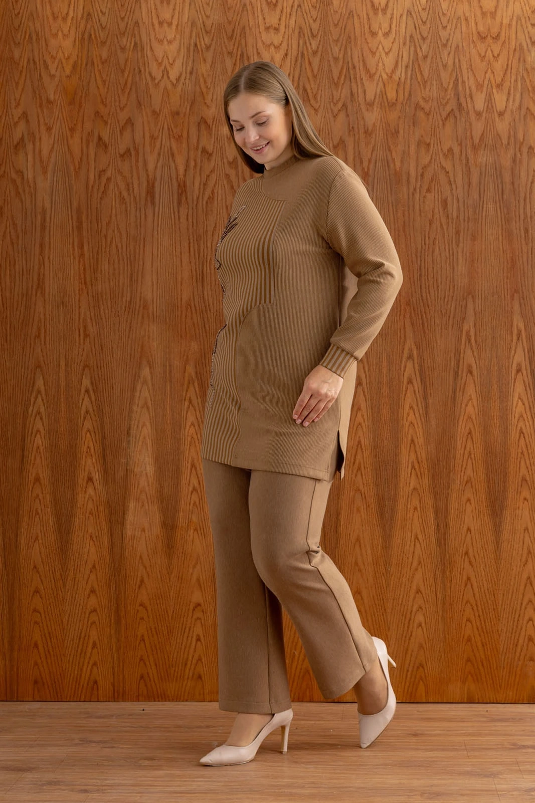 ÇİZGİLİ BAMBU MODAL TUNİK PANTOLON TAKIM - Camel