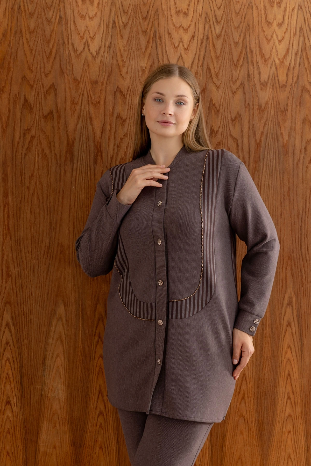 ÇİZGİLİ BAMBU MODAL TUNİK PANTOLON TAKIM - Kahverengi