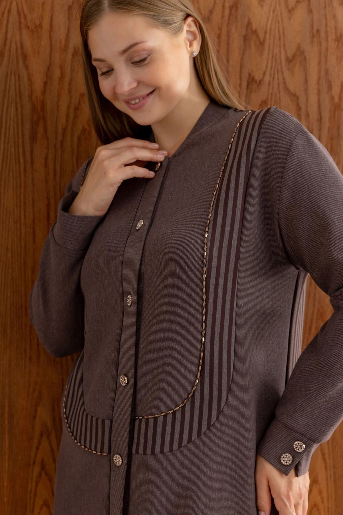 ÇİZGİLİ BAMBU MODAL TUNİK PANTOLON TAKIM - Kahverengi