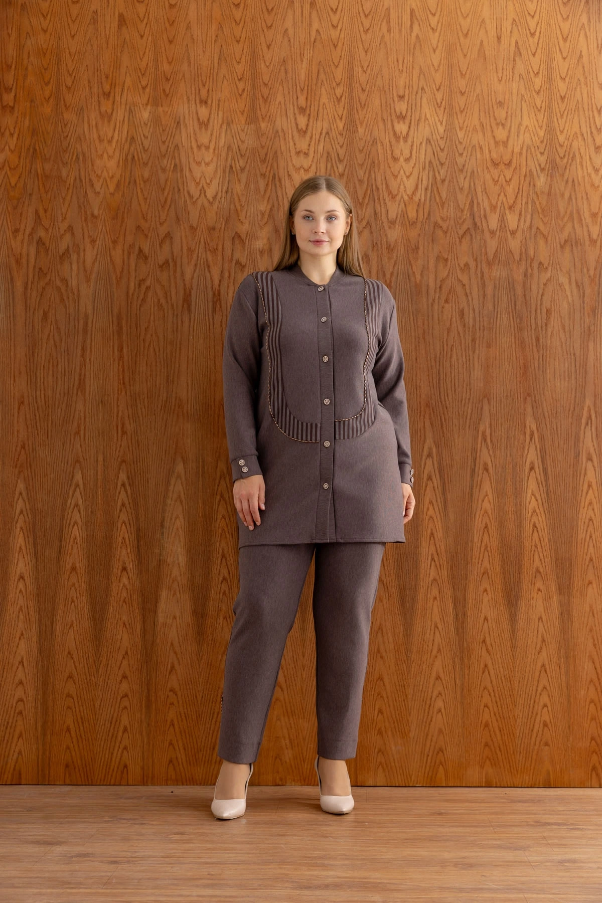 ÇİZGİLİ BAMBU MODAL TUNİK PANTOLON TAKIM - Kahverengi