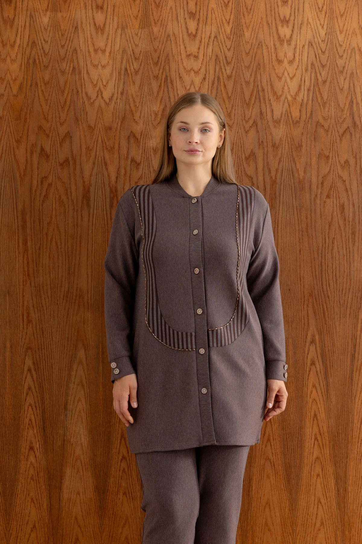 ÇİZGİLİ BAMBU MODAL TUNİK PANTOLON TAKIM - Kahverengi