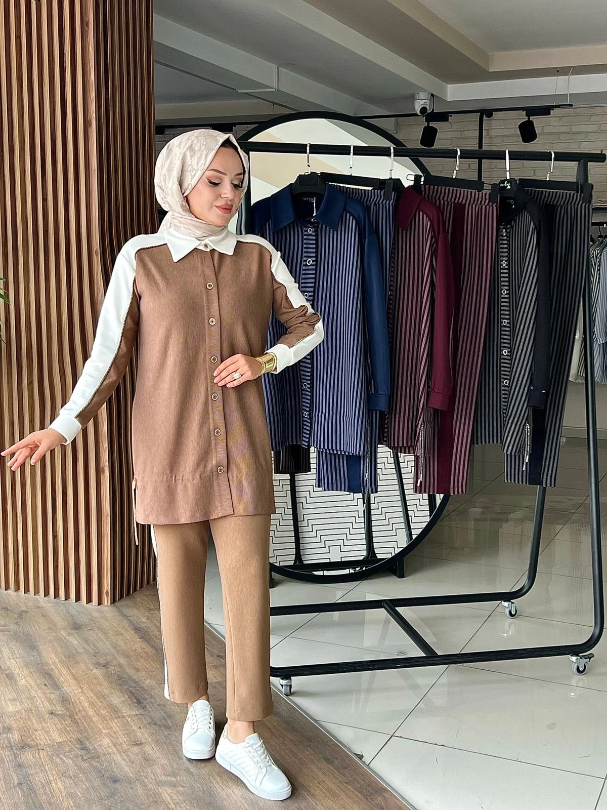 ÇİZGİLİ MODAL TUNİK PANTOLON TAKIM - Camel