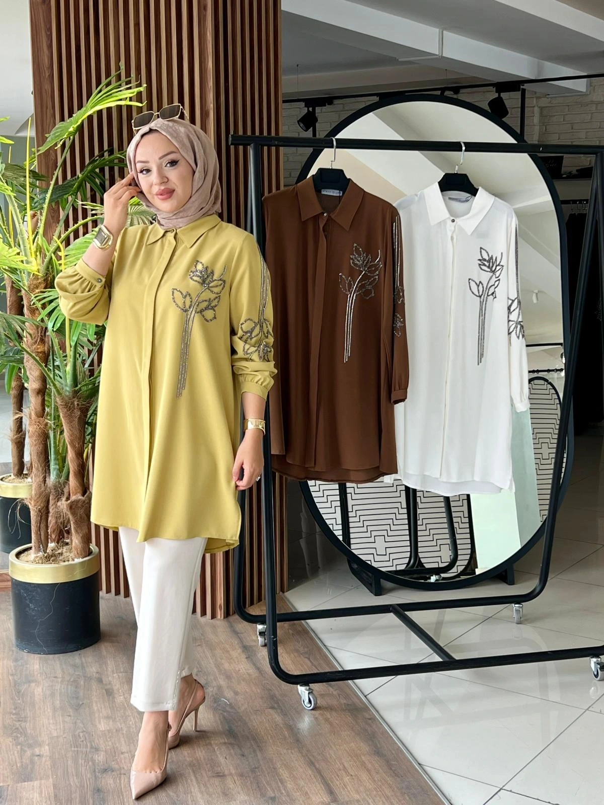 COTON LİKRA APLİKELİ TAŞLI TUNİK - Safran