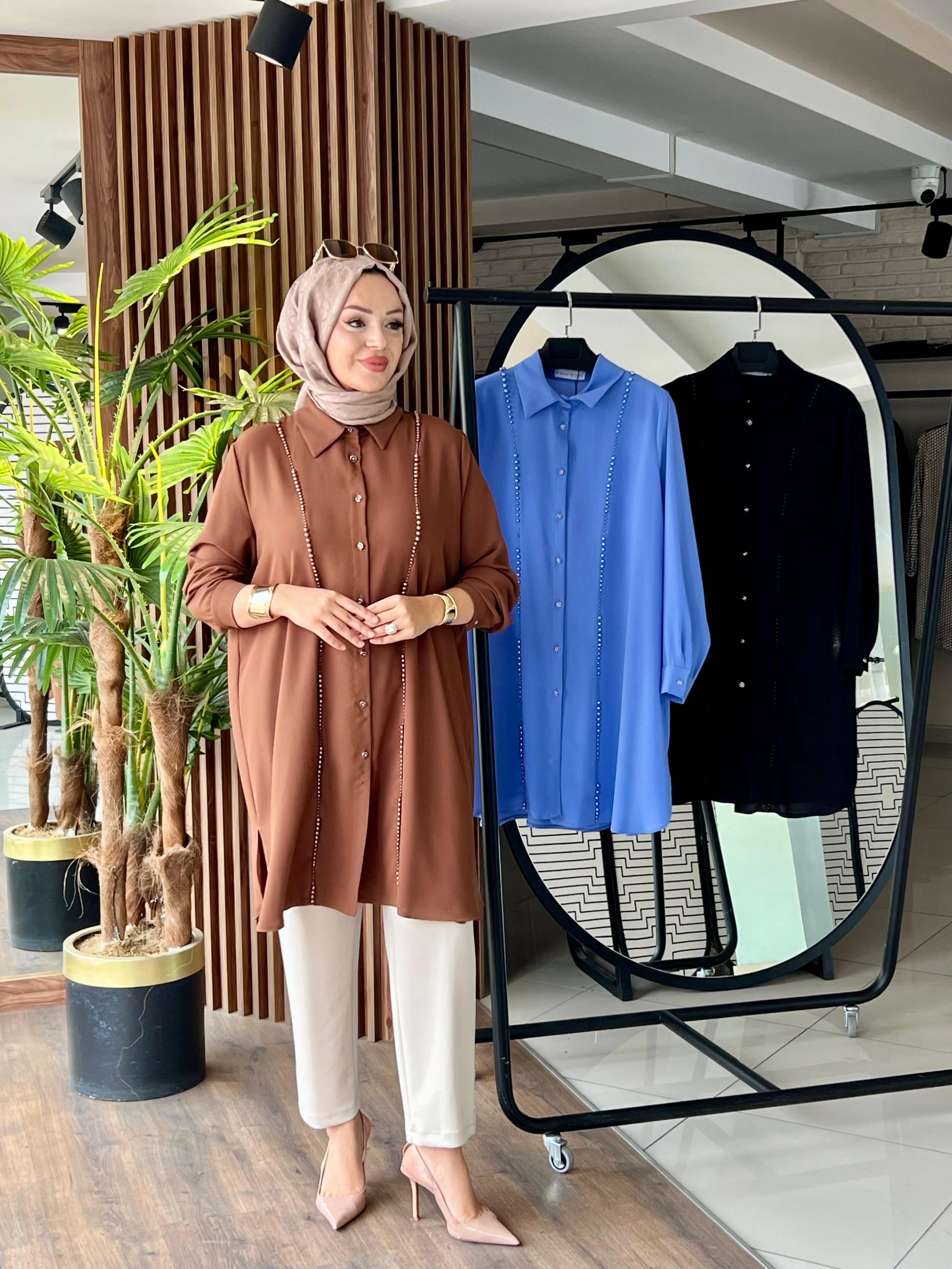 COTON VİSKON İNCİLİ TUNİK - Kahverengi