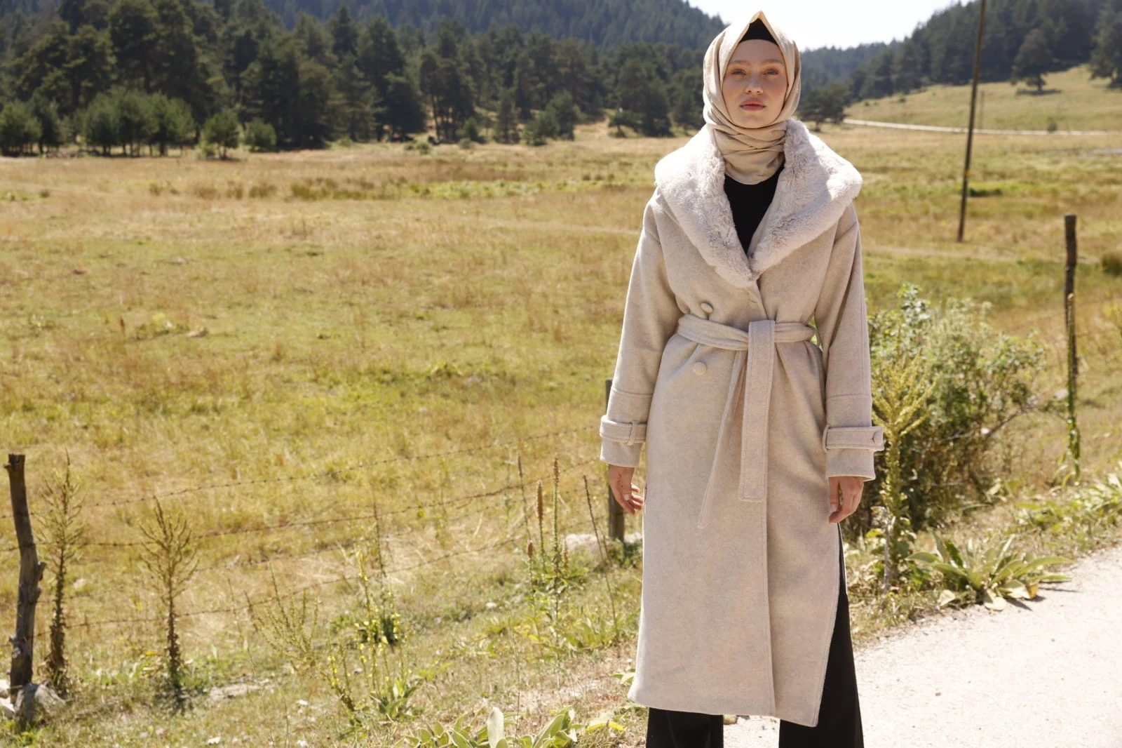 FRANSIZ BOY KÜRKLÜ KAŞE KABAN - Kum