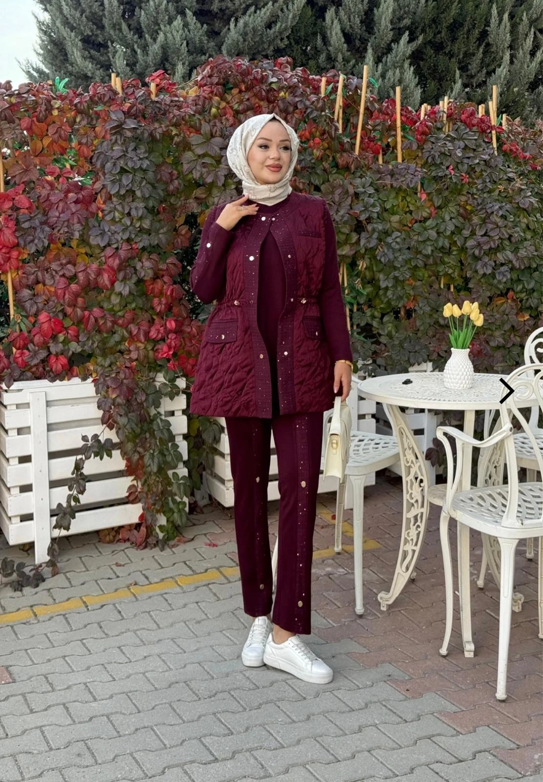 KAPİTONE PUFY YELEK & MODAL TUNİK PANTOLON TAKIM ZIMBALI - Bordo