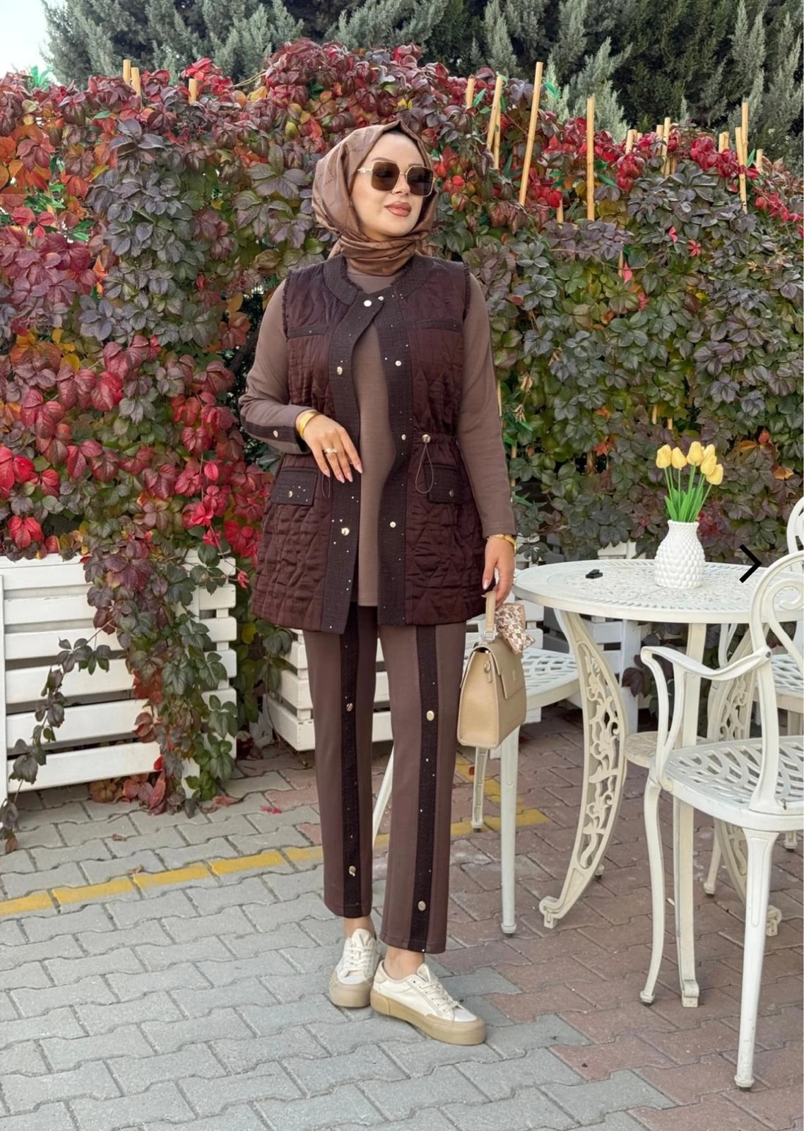 KAPİTONE PUFY YELEK & MODAL TUNİK PANTOLON TAKIM ZIMBALI - Kahverengi