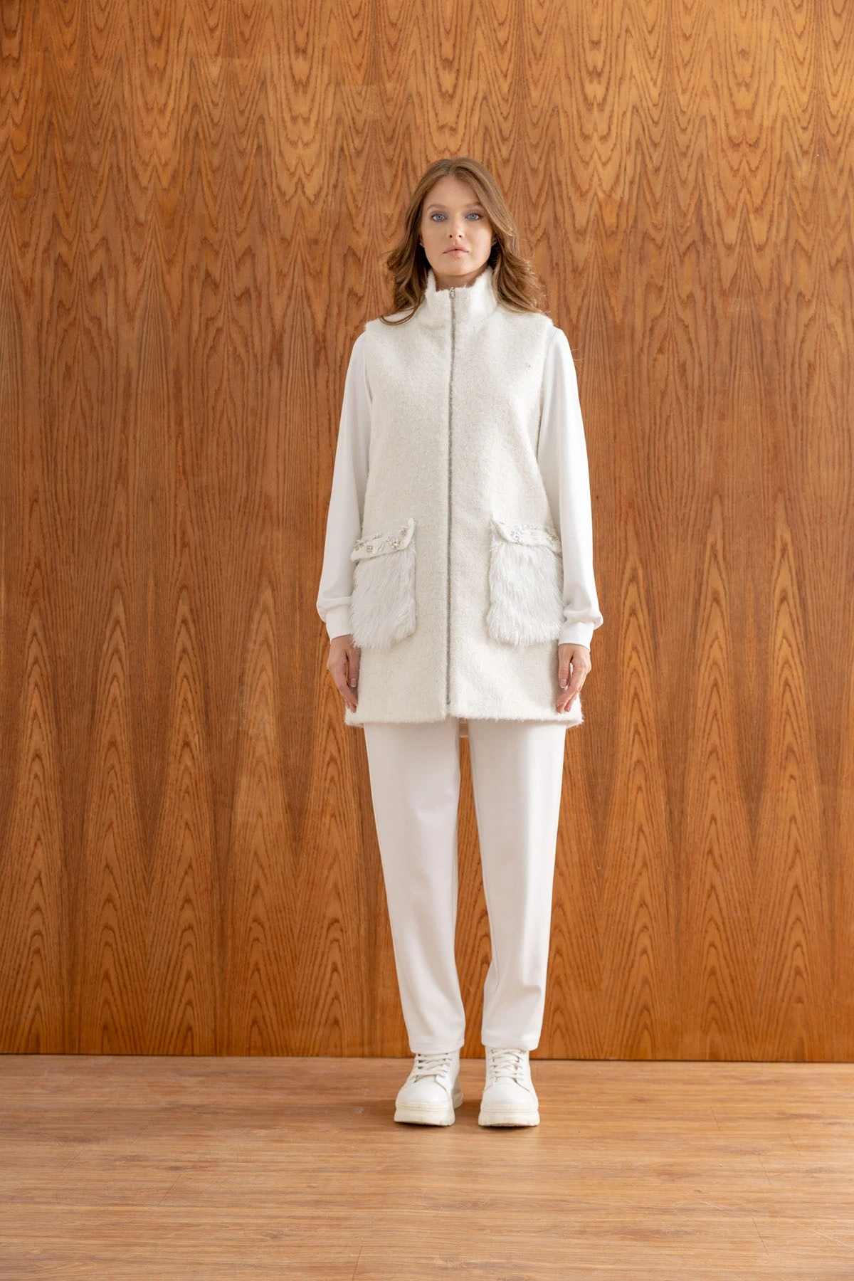 KÜRKLÜ YÜN YELEK & MODAL ÜÇLÜ TAKIM - Ekru