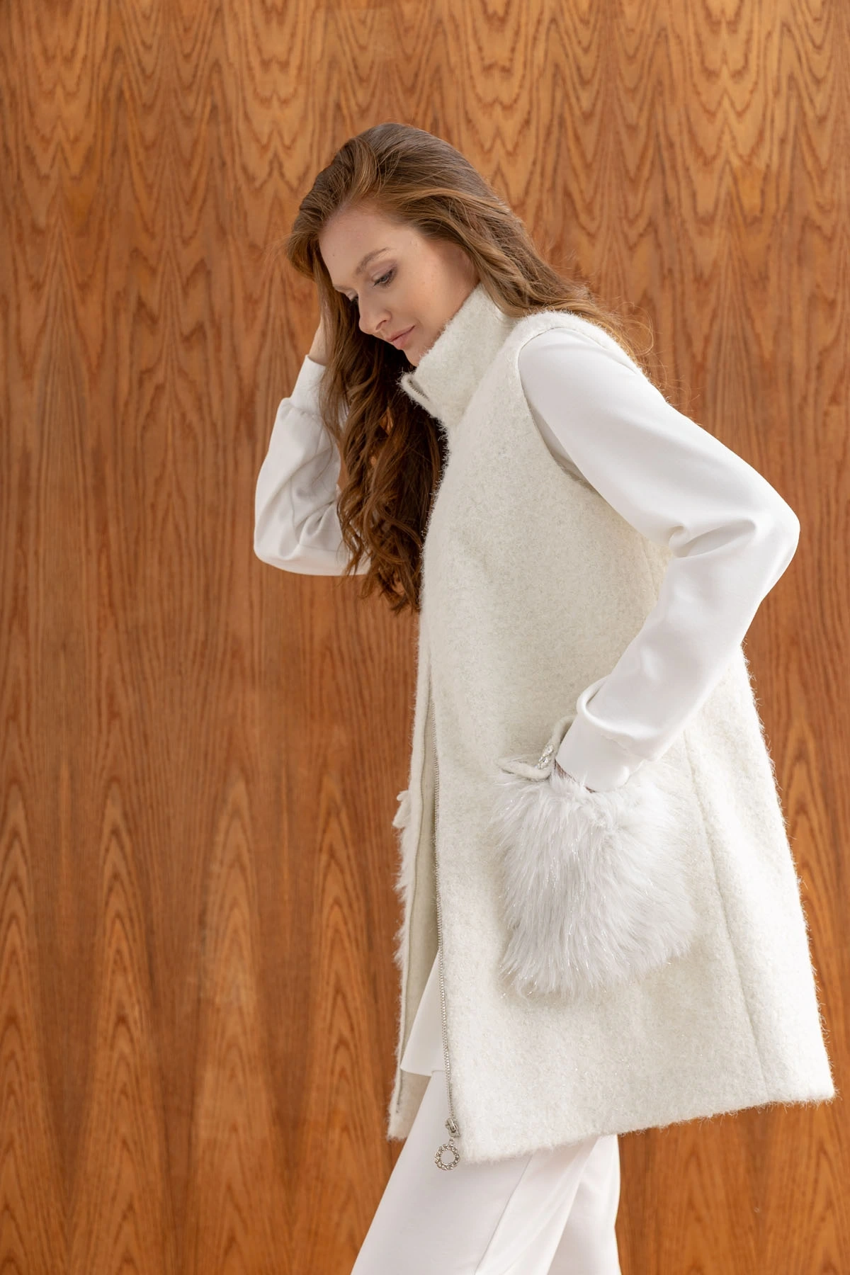 KÜRKLÜ YÜN YELEK & MODAL ÜÇLÜ TAKIM - Ekru