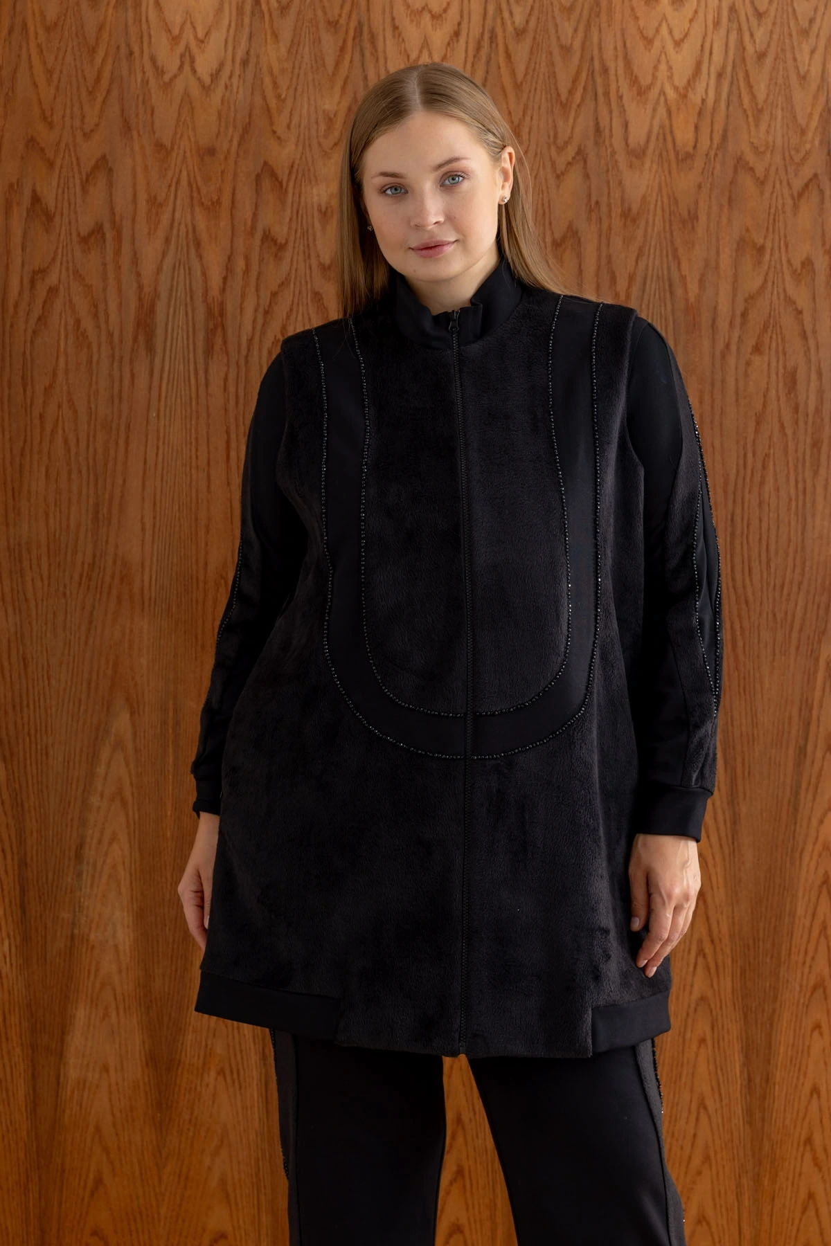 MODAL & ANGORA KÜRKLÜ TUNİK YELEK PANTOLON TAKIM - Siyah