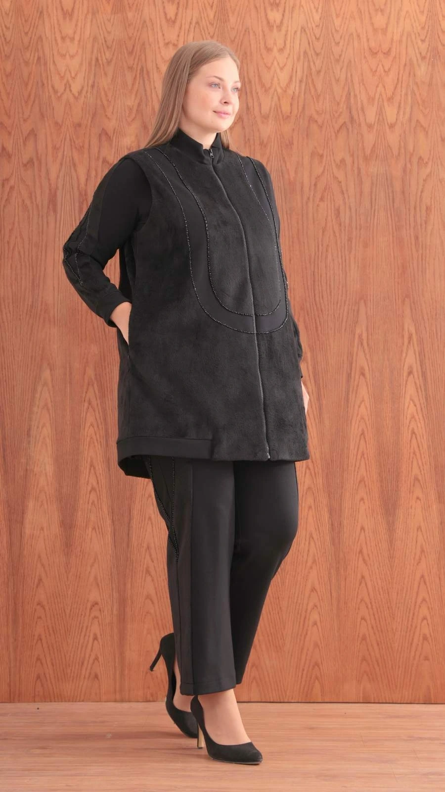 MODAL & ANGORA KÜRKLÜ TUNİK YELEK PANTOLON TAKIM - Siyah