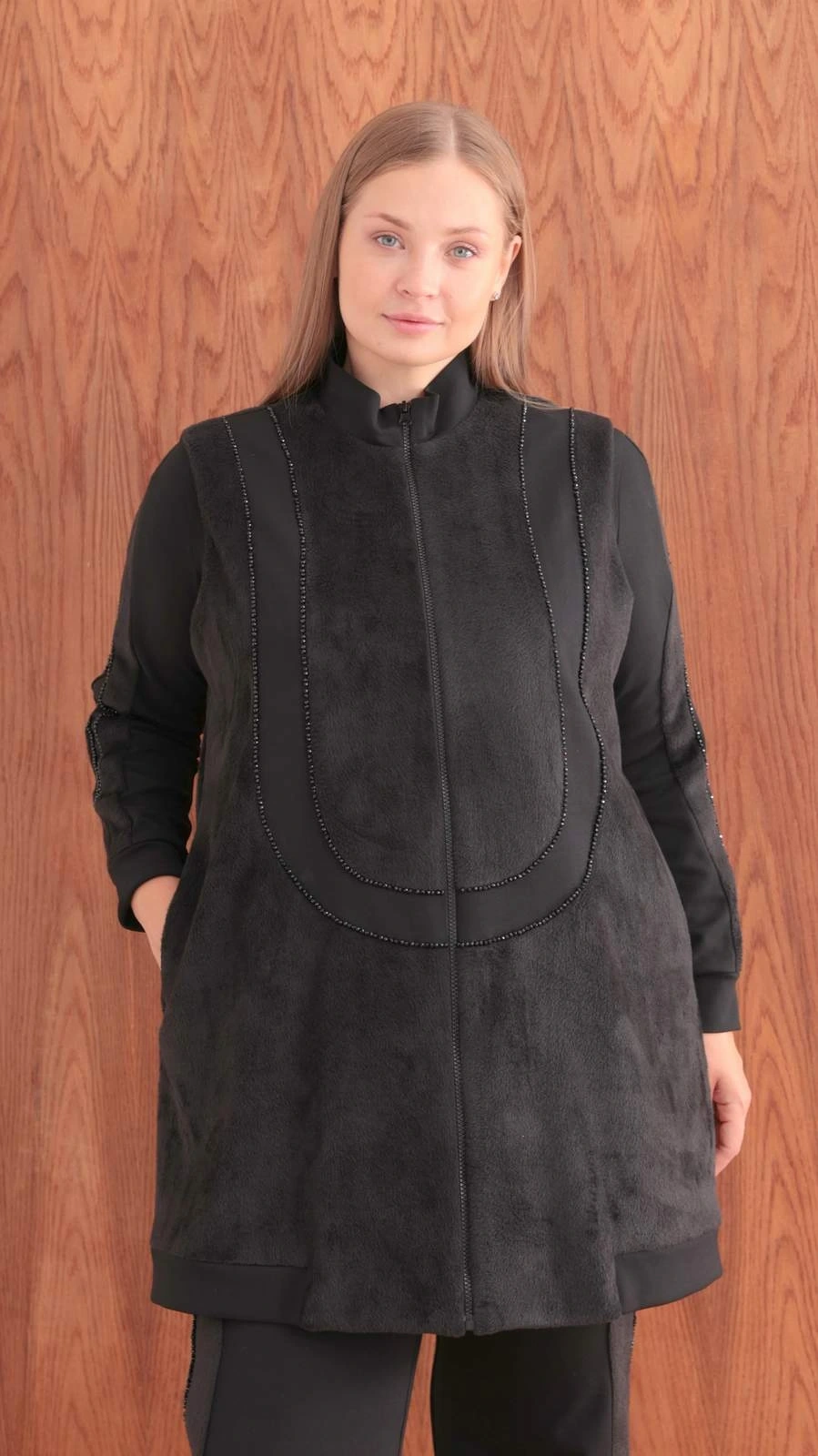 MODAL & ANGORA KÜRKLÜ TUNİK YELEK PANTOLON TAKIM - Siyah