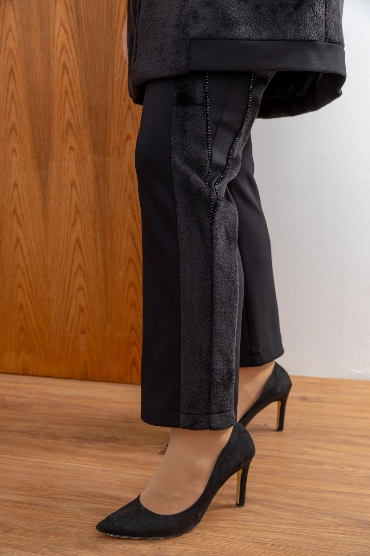 MODAL & ANGORA KÜRKLÜ TUNİK YELEK PANTOLON TAKIM - Siyah