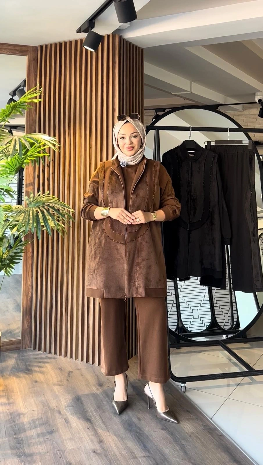 MODAL & ANGORA KÜRKLÜ TUNİK YELEK PANTOLON TAKIM - Taba