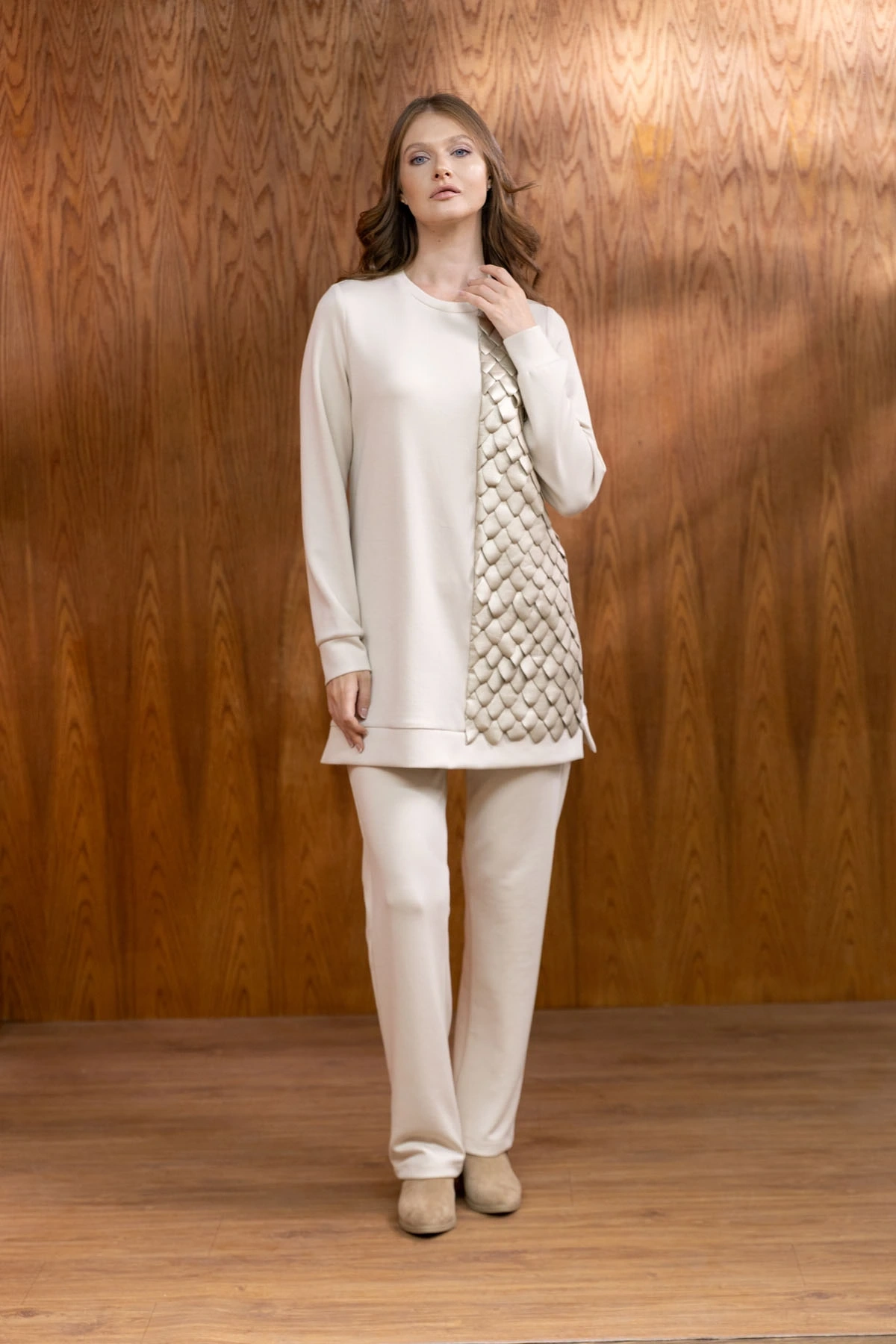 MODAL DERİ KONBİNLİ TUNİK PANTOLON TAKIM - Bej