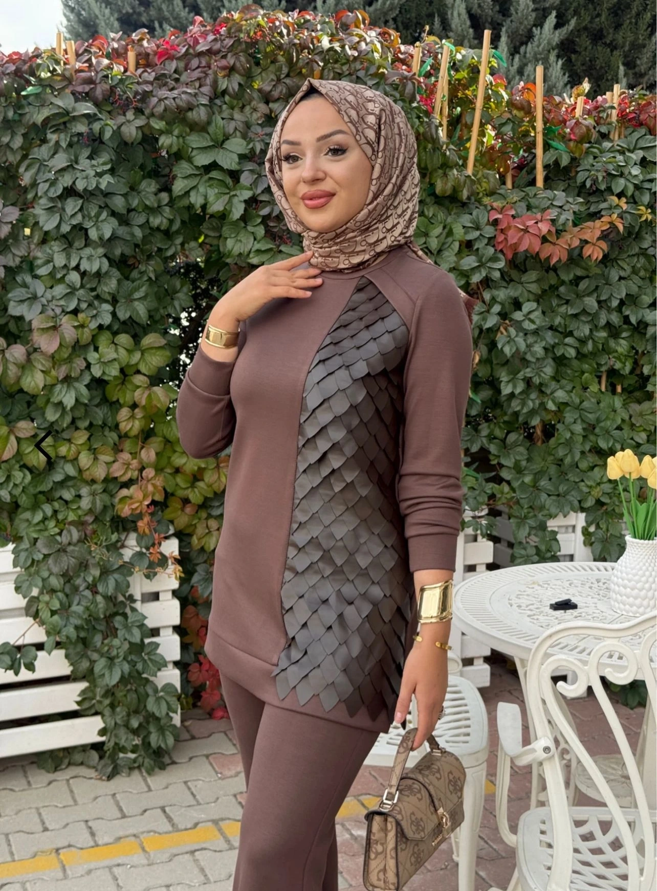 MODAL DERİ KONBİNLİ TUNİK PANTOLON TAKIM - Çikolata