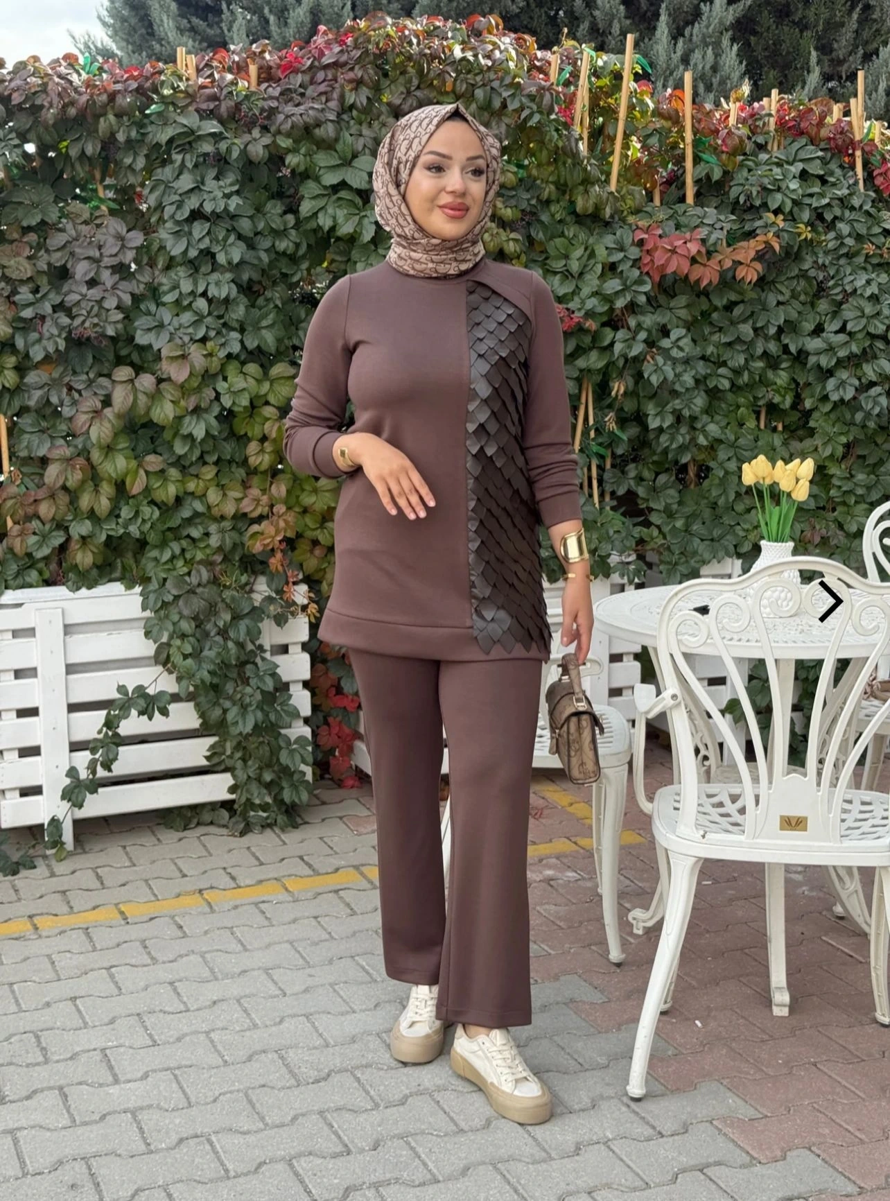 MODAL DERİ KONBİNLİ TUNİK PANTOLON TAKIM - Çikolata