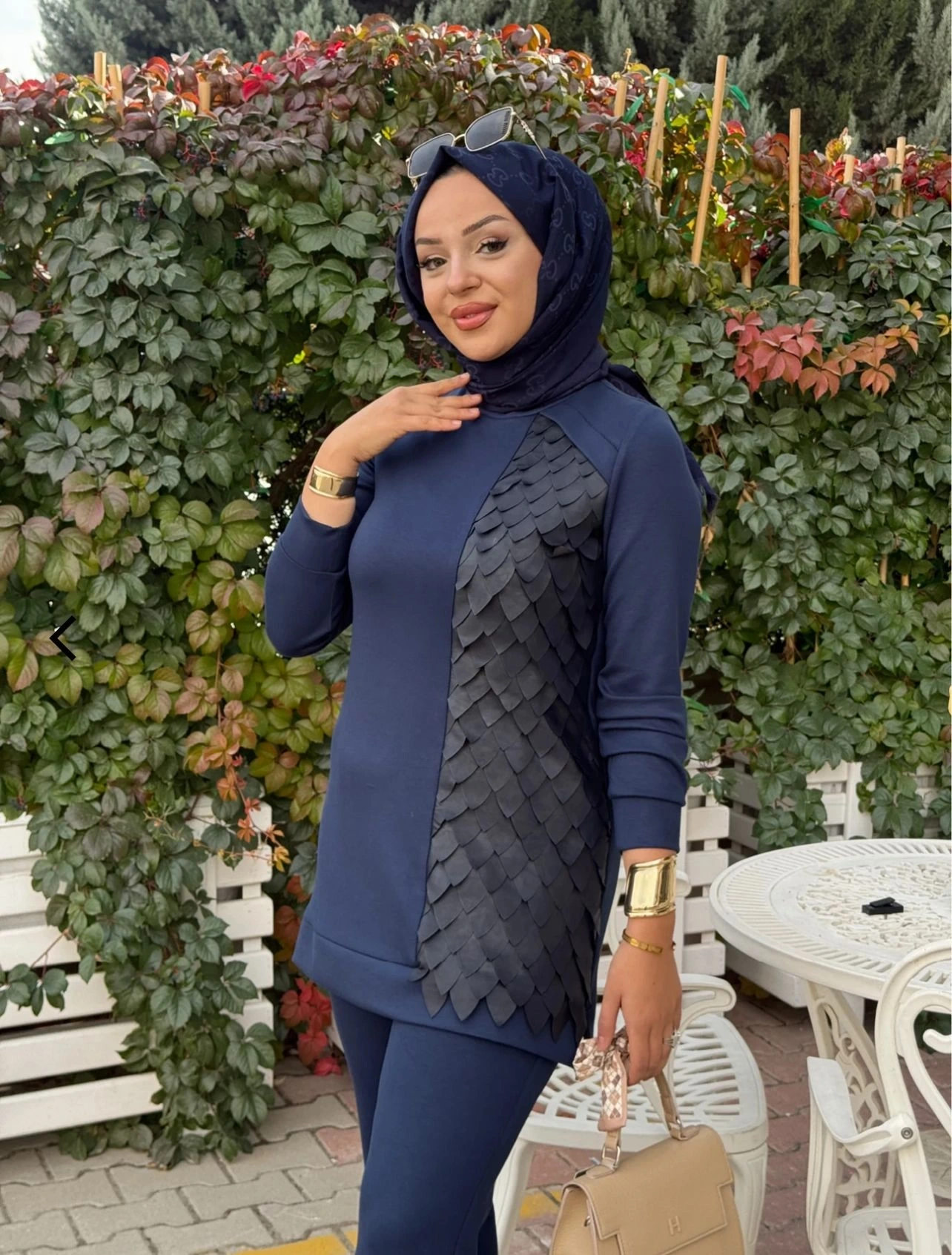 MODAL DERİ KONBİNLİ TUNİK PANTOLON TAKIM - Lacivert