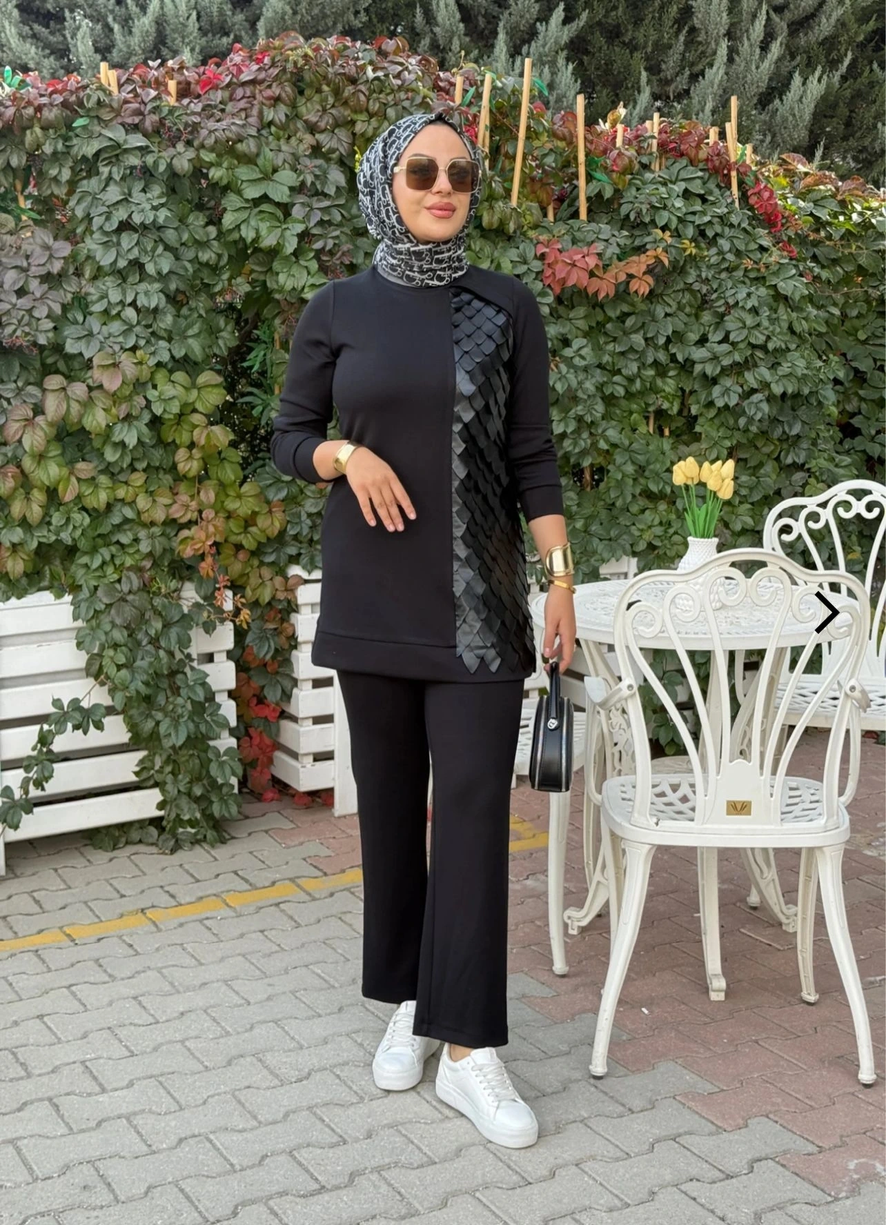 MODAL DERİ KONBİNLİ TUNİK PANTOLON TAKIM - Siyah