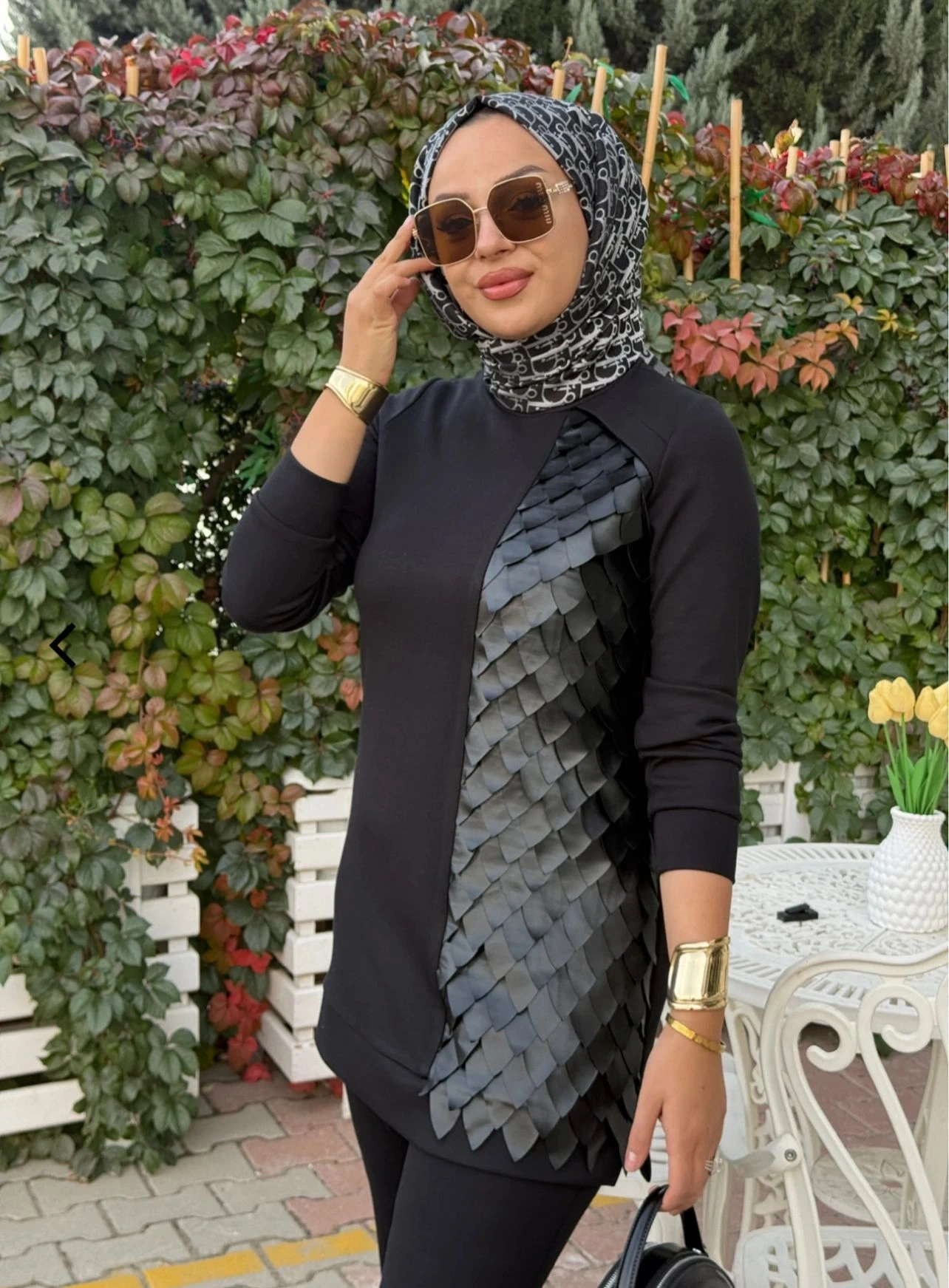 MODAL DERİ KONBİNLİ TUNİK PANTOLON TAKIM - Siyah