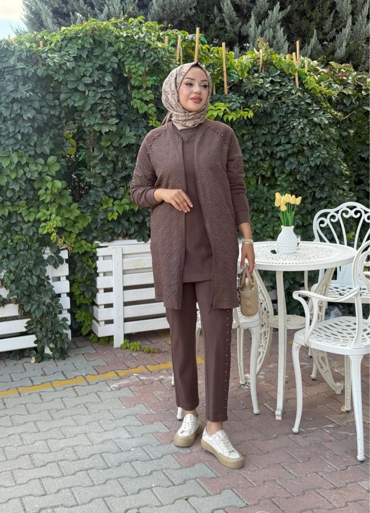 MODAL JAKAR TUNİK KAP PANTOLON TAKIM - Çikolata