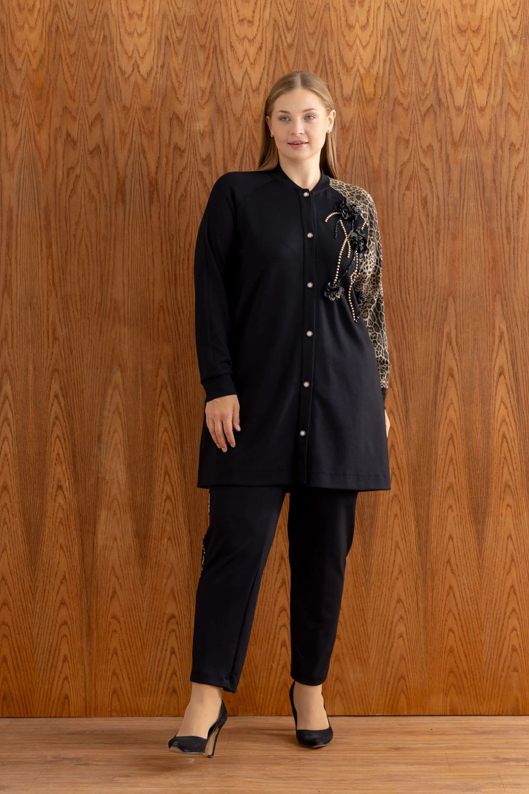 MODAL LEOPAR KAP PANTOLON TAKIM - Siyah