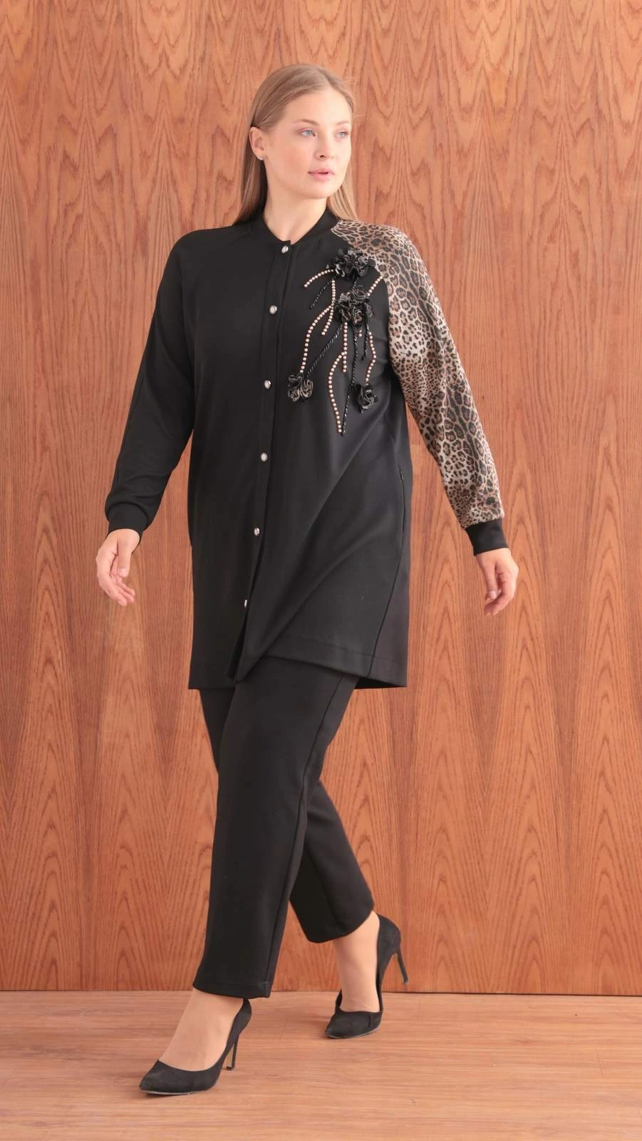 MODAL LEOPAR KAP PANTOLON TAKIM - Siyah