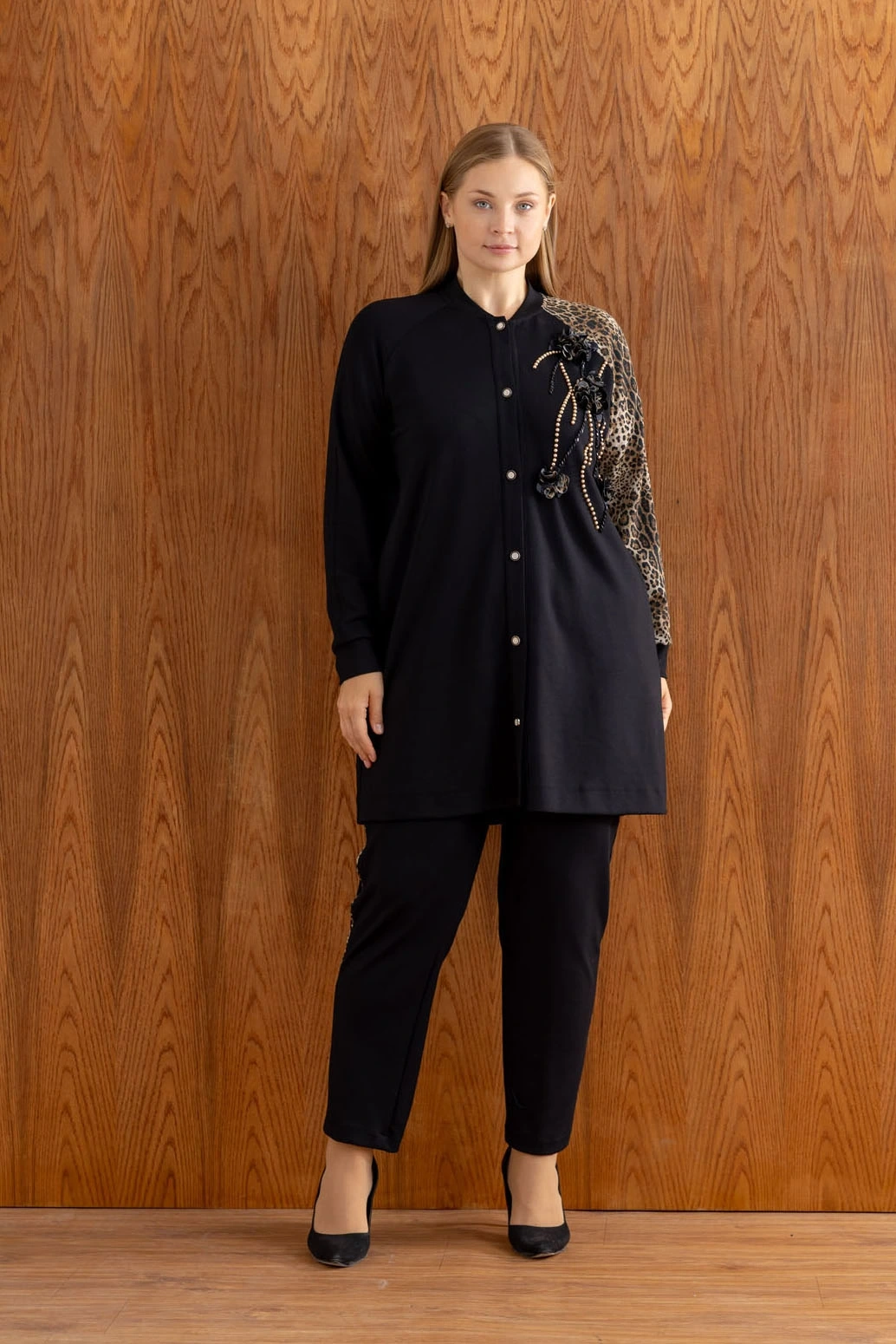 MODAL LEOPAR KAP PANTOLON TAKIM - Siyah