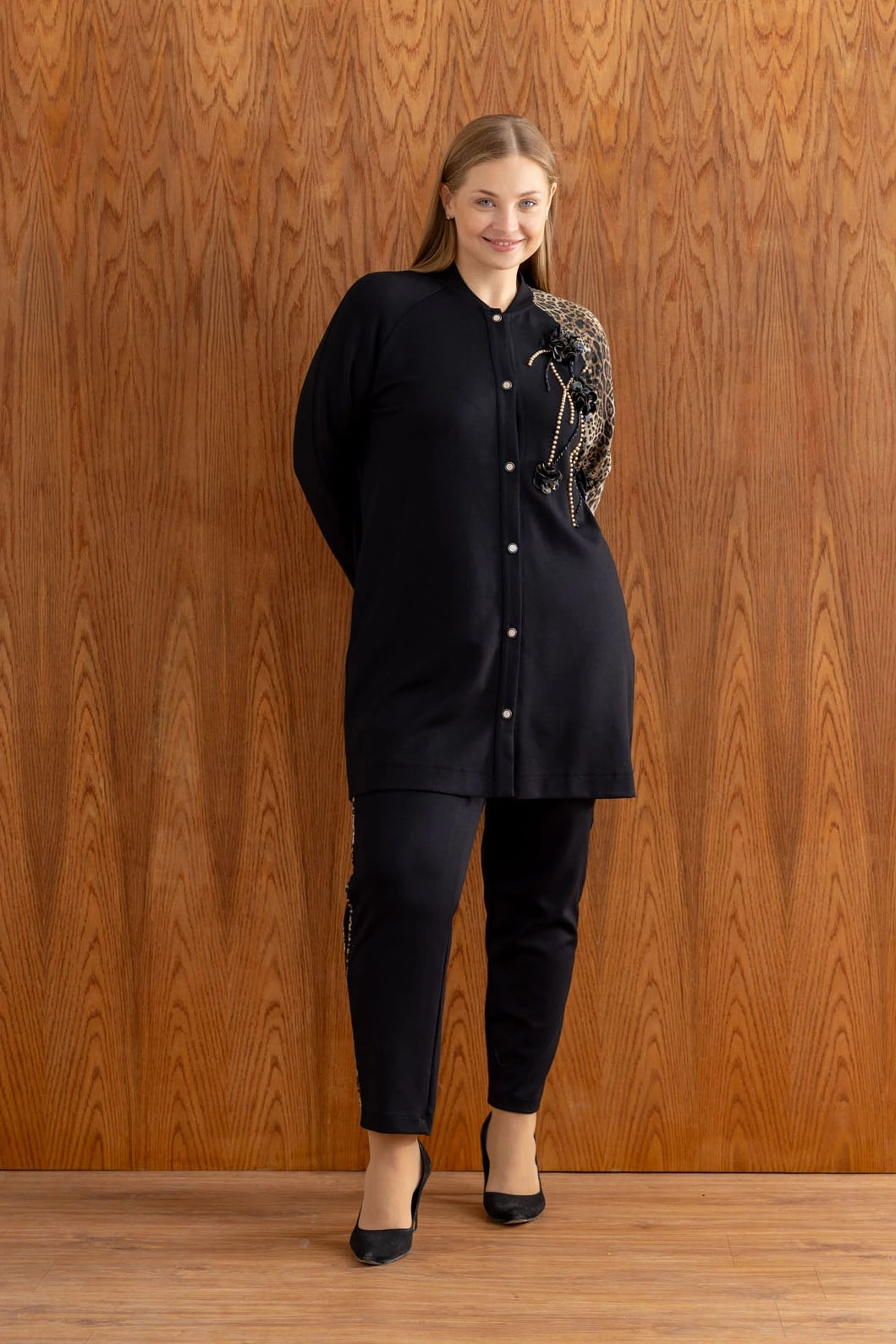 MODAL LEOPAR KAP PANTOLON TAKIM - Siyah