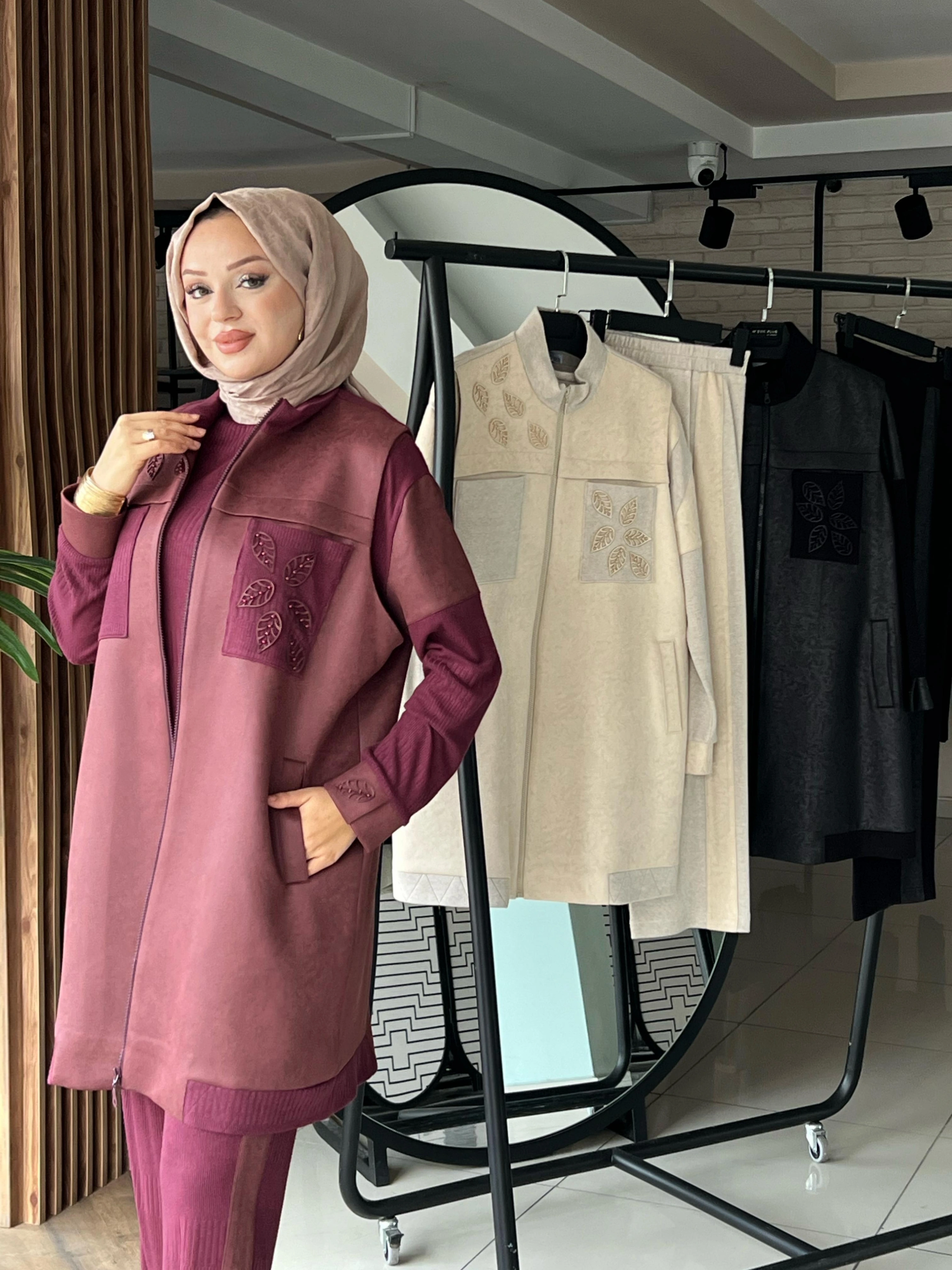 MODAL MAT SÜET KOMBİNLİ ÜÇLÜ TAKIM - Bordo