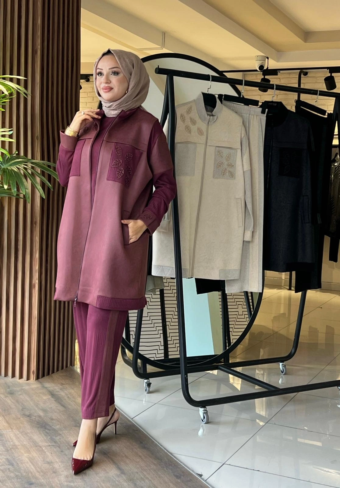 MODAL MAT SÜET KOMBİNLİ ÜÇLÜ TAKIM - Bordo