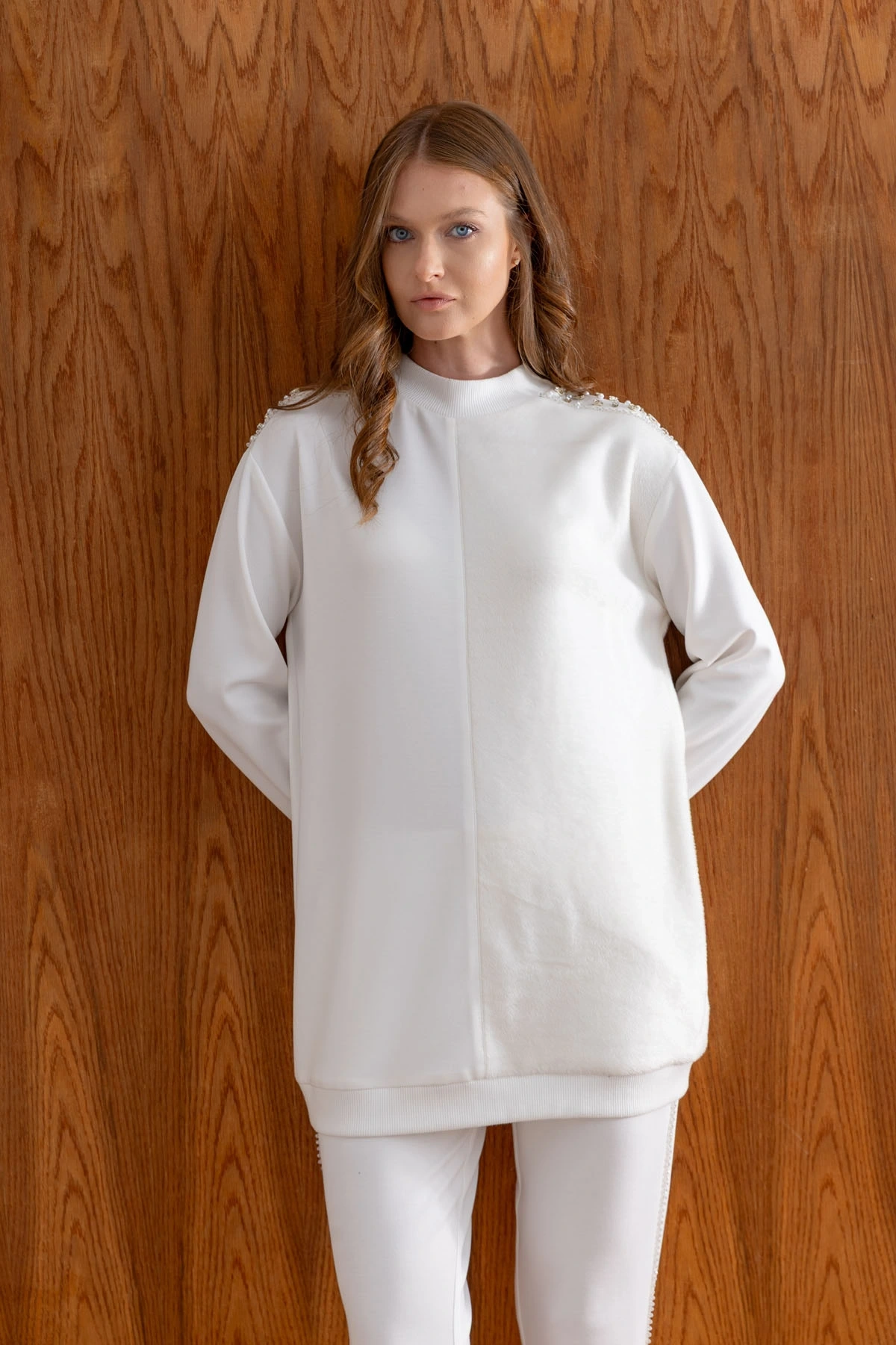 MODAL PELUŞ TUNİK PANTOLON TAKIM - Ekru