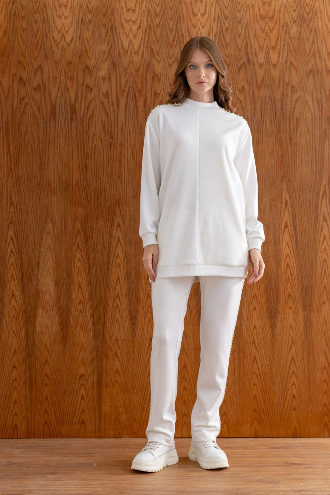 MODAL PELUŞ TUNİK PANTOLON TAKIM - Ekru