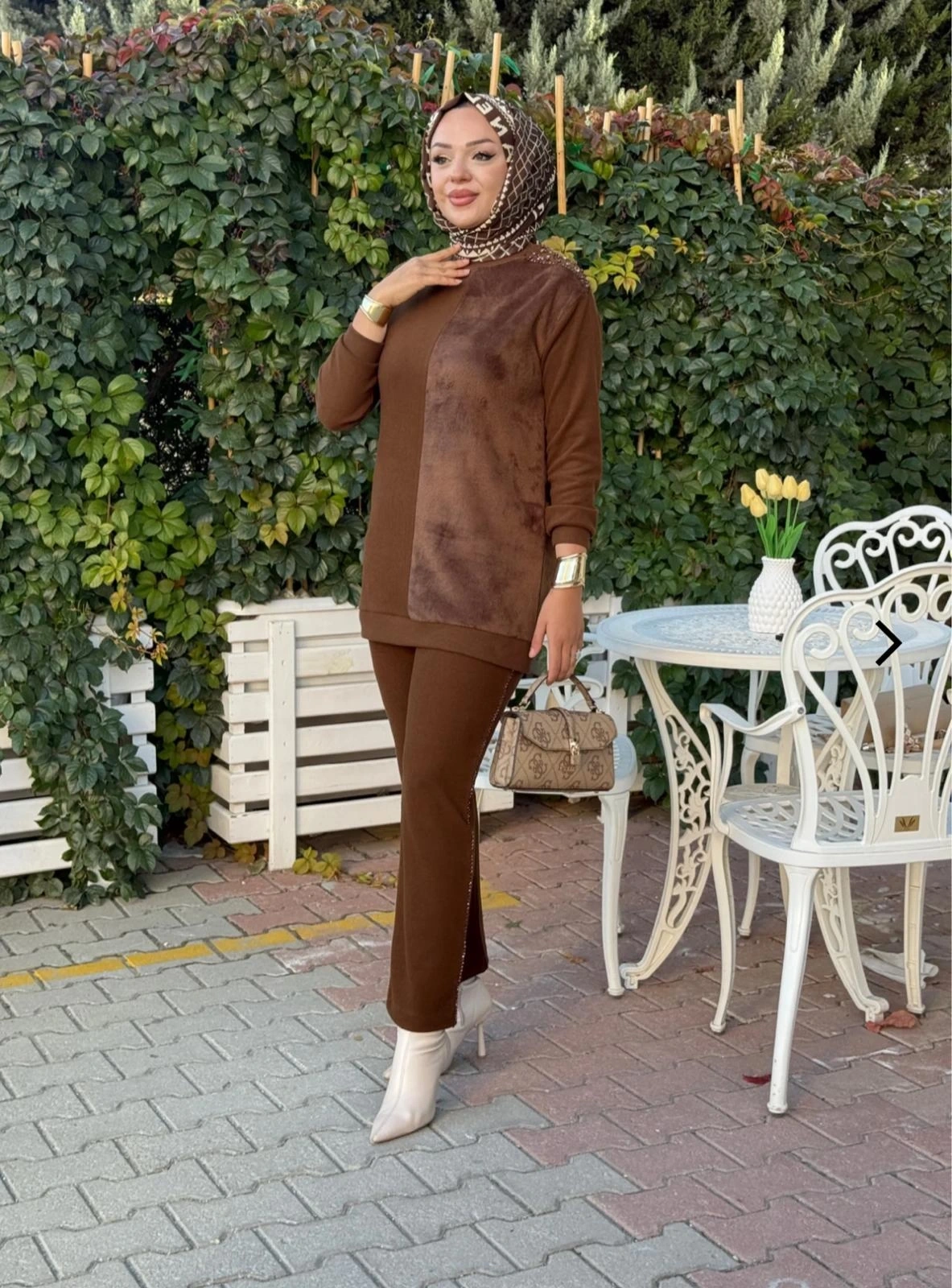 MODAL PELUŞ TUNİK PANTOLON TAKIM - Taba