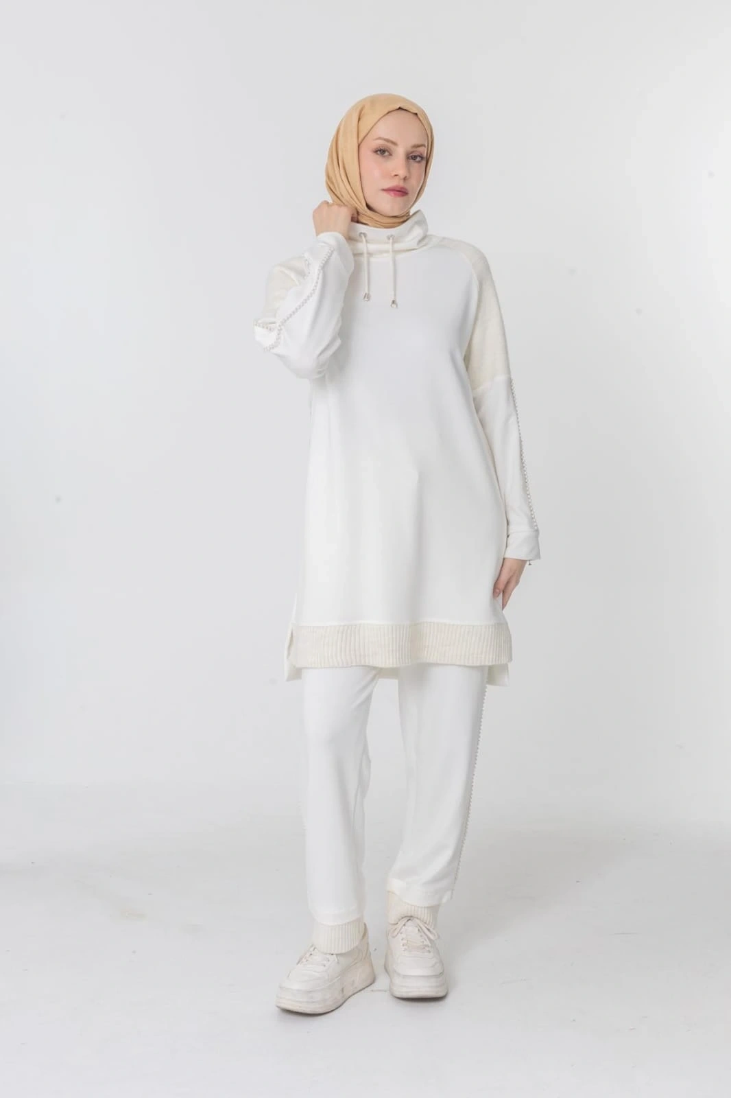 MODAL TRİKO KONBİNLİ TUNİK PANTOLON TAKIM - Ekru