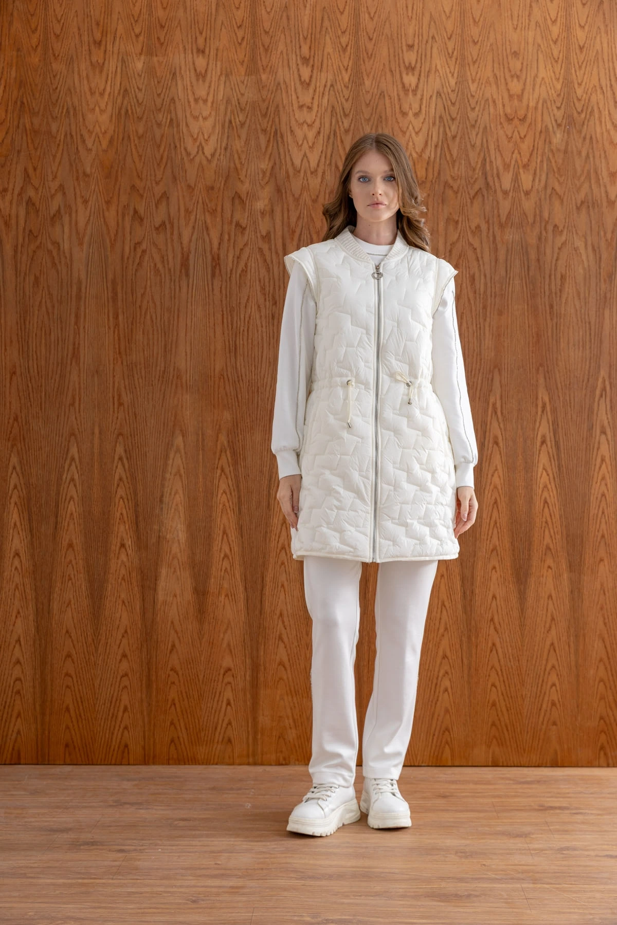 MODAL TUNİK PANTOLON & KAPİTONE YELEKLİ ÜÇLÜ TAKIM - Ekru