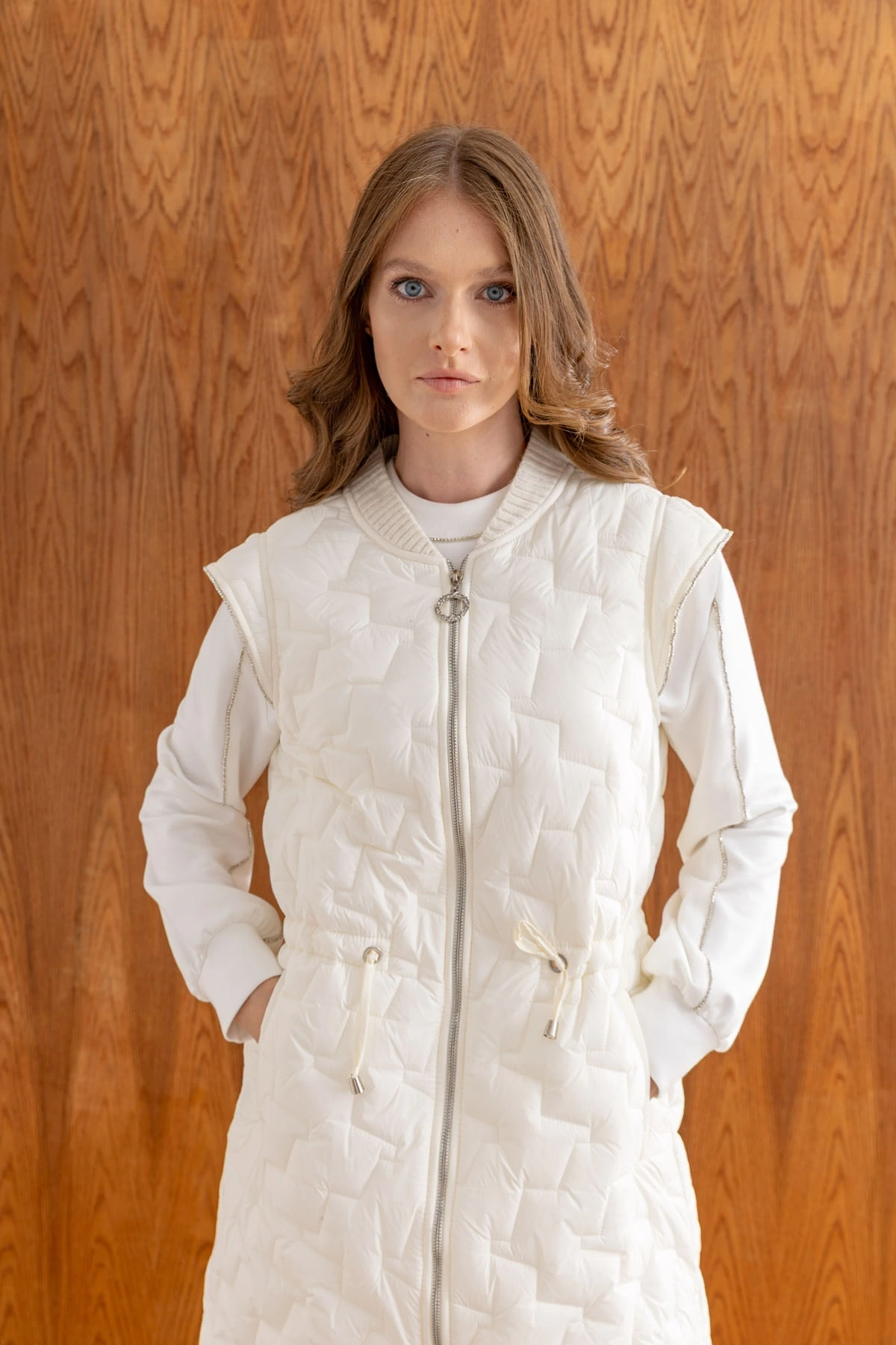 MODAL TUNİK PANTOLON & KAPİTONE YELEKLİ ÜÇLÜ TAKIM - Ekru