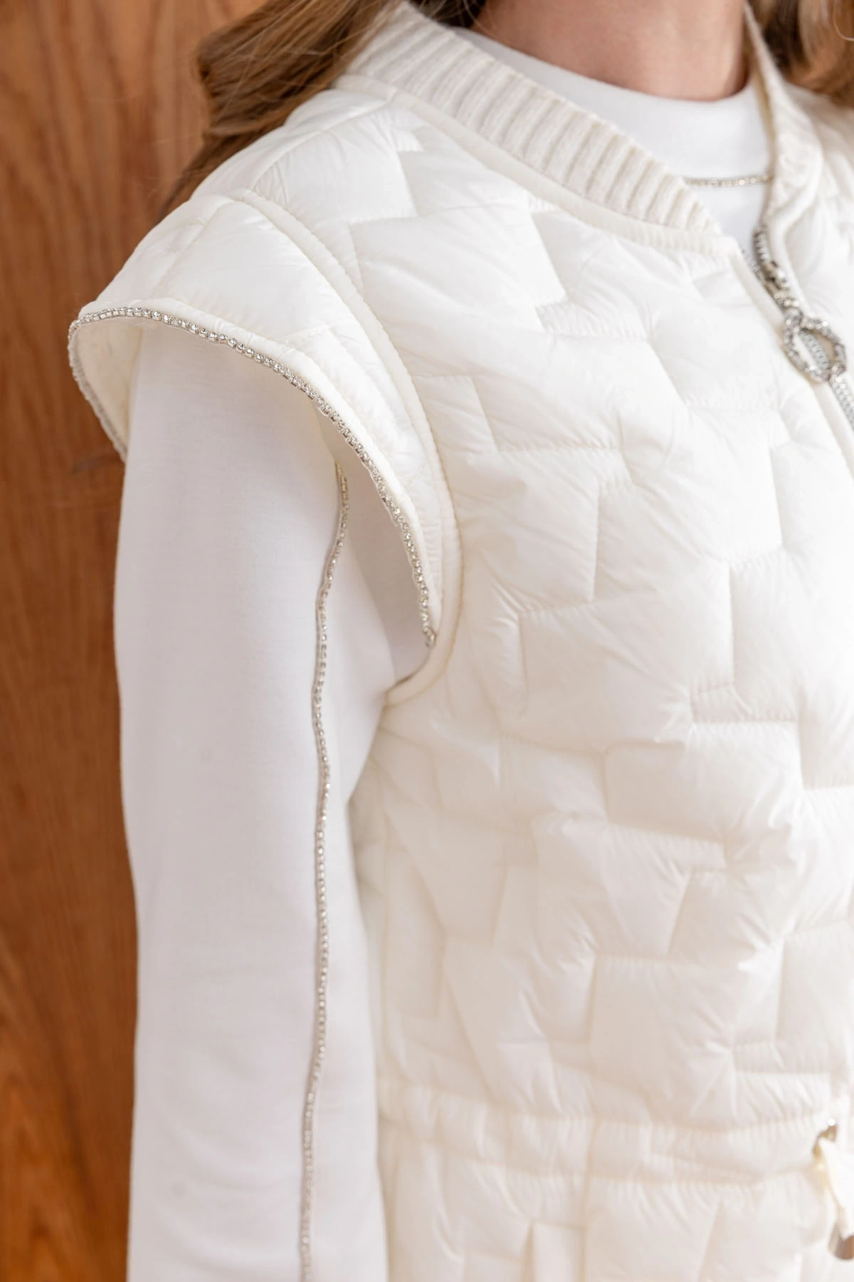 MODAL TUNİK PANTOLON & KAPİTONE YELEKLİ ÜÇLÜ TAKIM - Ekru