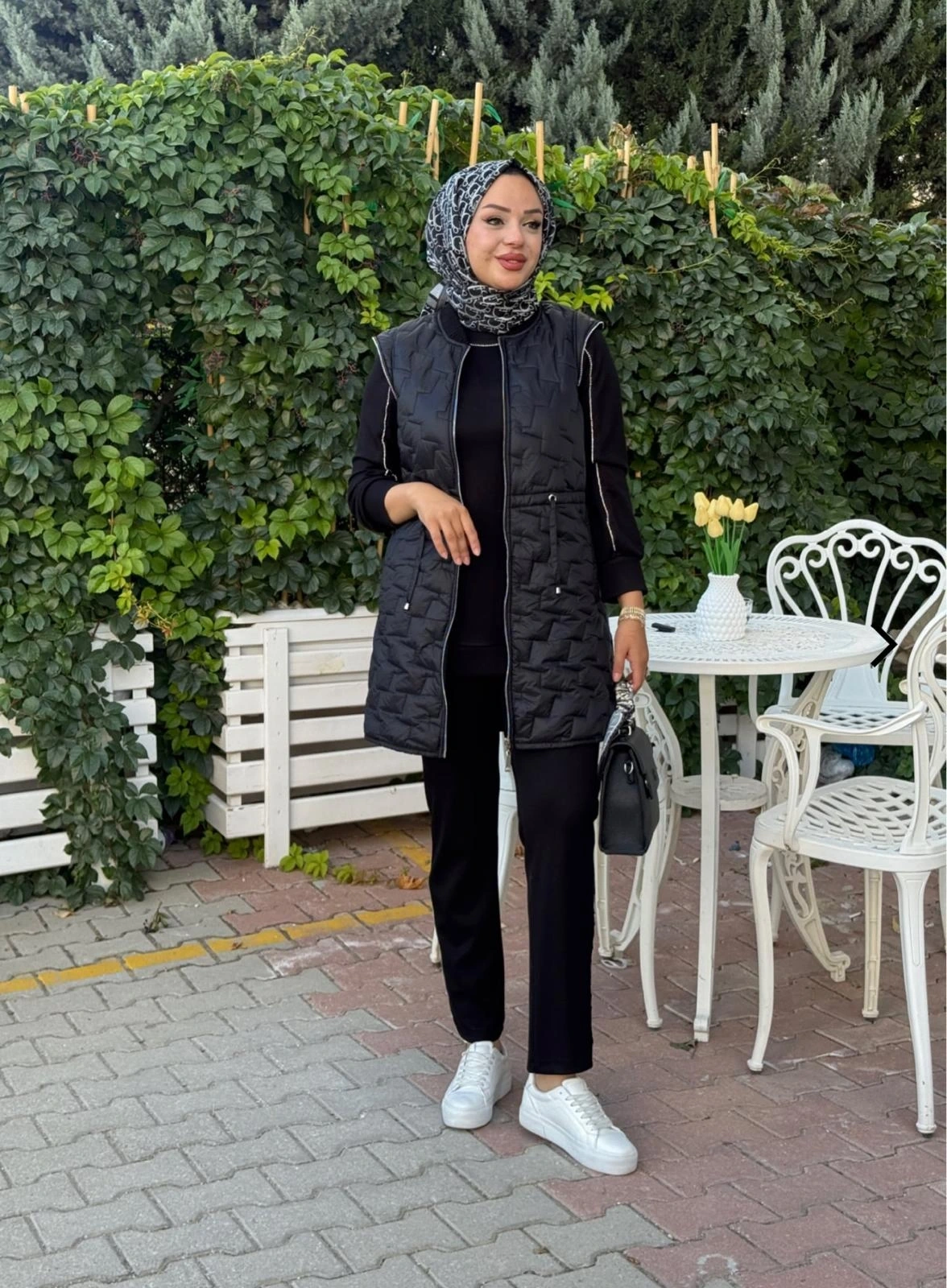 MODAL TUNİK PANTOLON & KAPİTONE YELEKLİ ÜÇLÜ TAKIM - Siyah