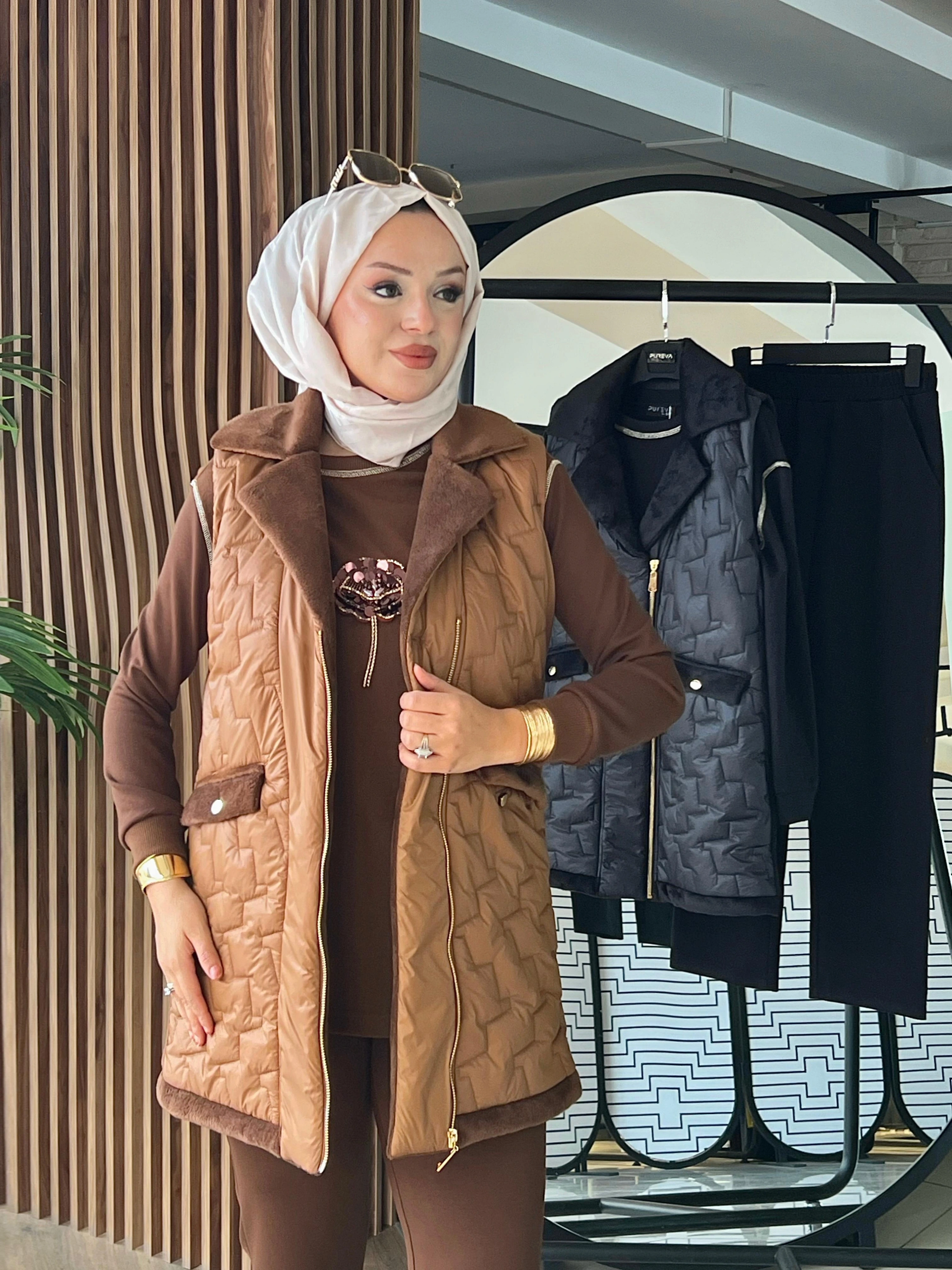 MODAL TUNİK PANTOLON & KAPİTONE YELEKLİ ÜÇLÜ TAKIM - Taba