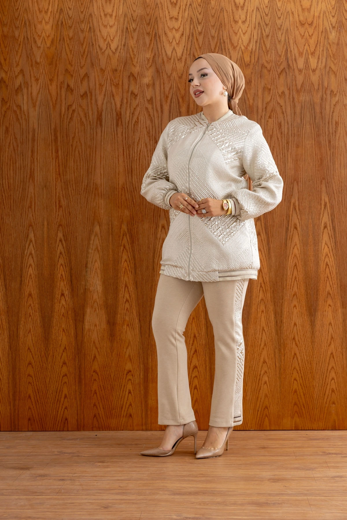 PREMIUM JAKAR CEKET MODAL TUNİK GABARDİN PANTOLON TAKIM - Bej