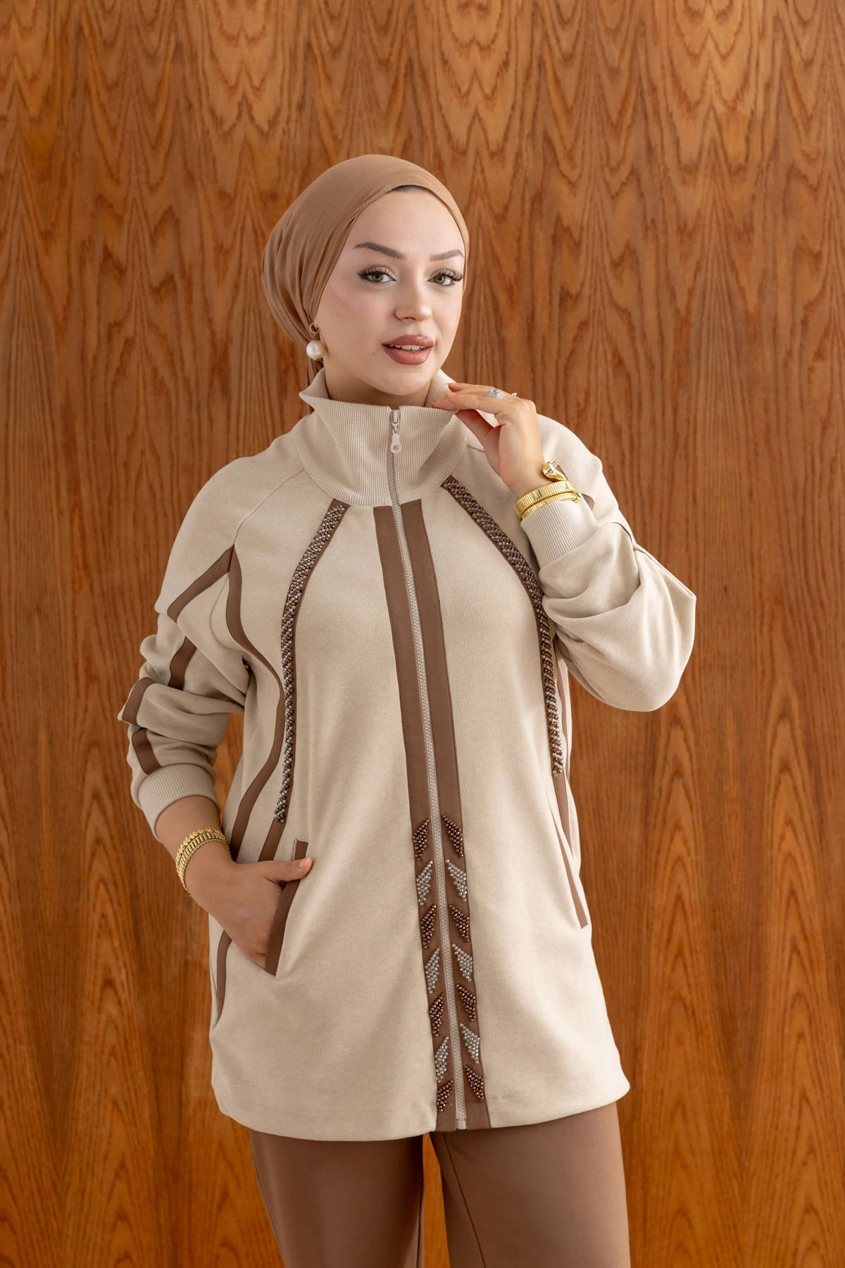 ŞARDONLU MODAL CEKET PANTOLON TAKIM - Bej / Taba