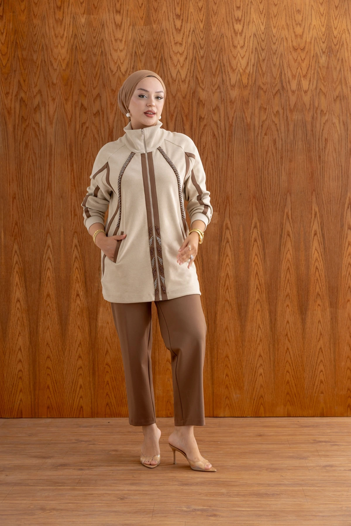 ŞARDONLU MODAL CEKET PANTOLON TAKIM - Bej / Taba