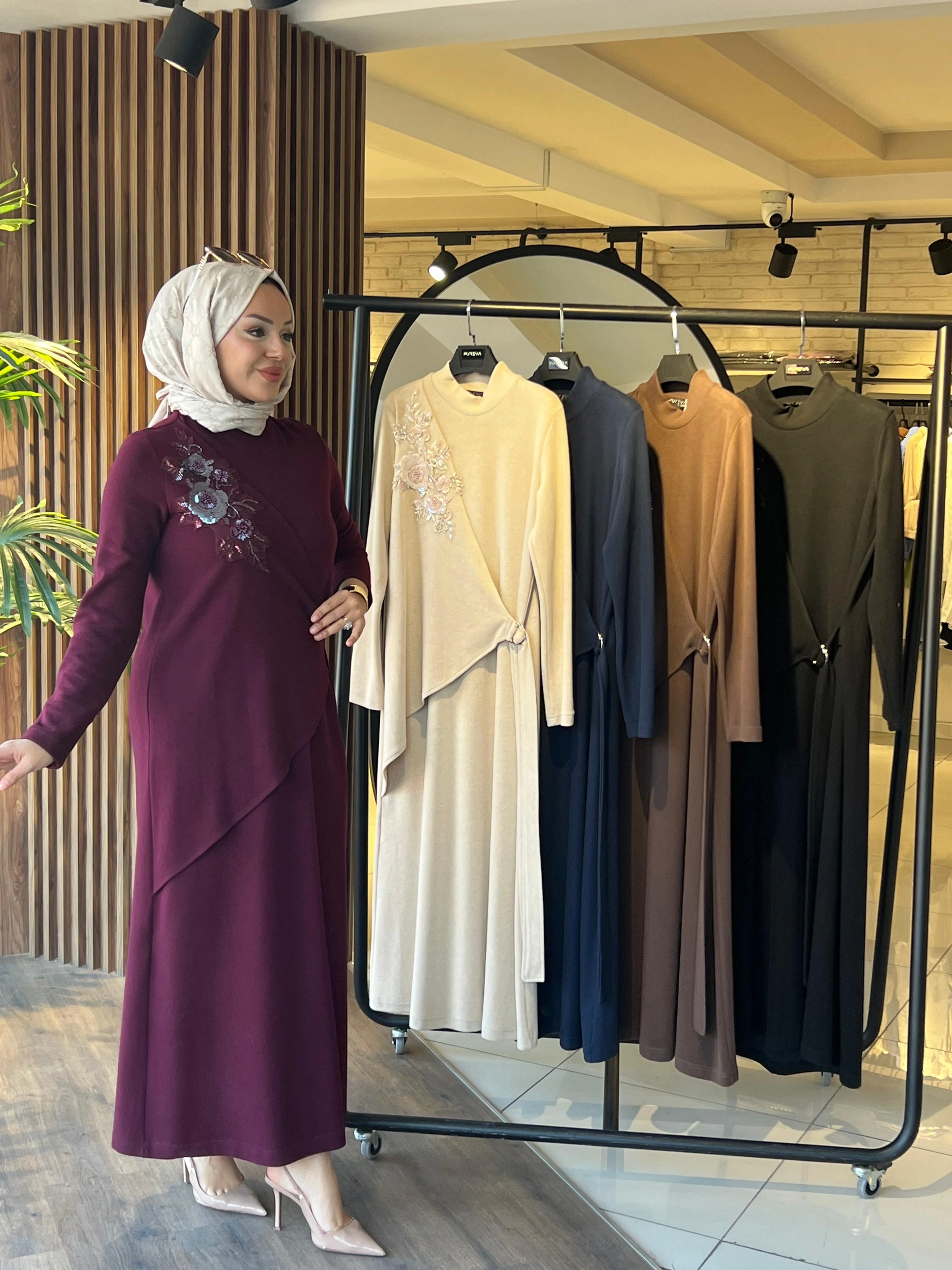 ŞARDONLU MODAL ELBİSE - Bordo