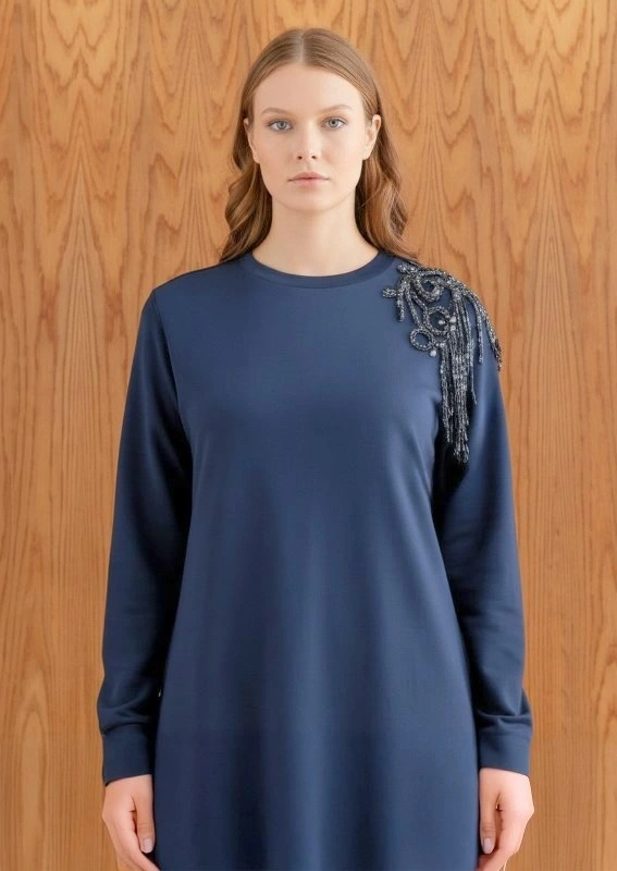 ŞARDONLU MODAL ELBİSE - Lacivert