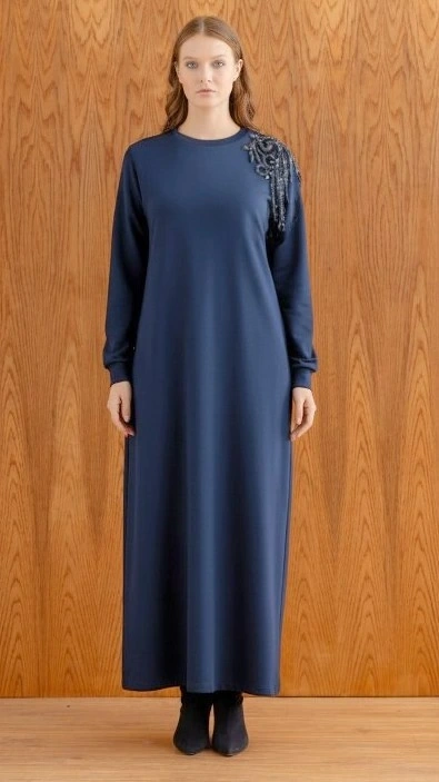ŞARDONLU MODAL ELBİSE - Lacivert
